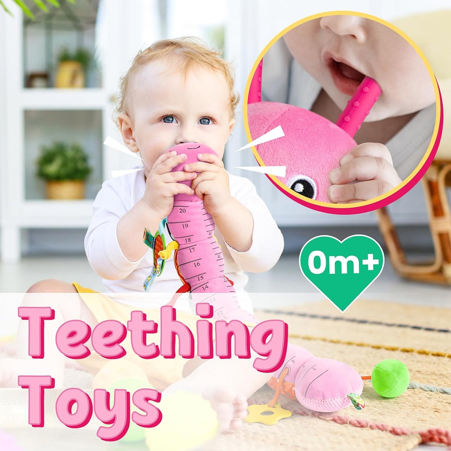 LIGHTDESIRE Baby Toys Musical Caterpillar,Infant Toys Stuffed Animals with Mirror,Ruler Design,Pull String&Rattles,Sensory Toy for Tummy Time Boy Girl Newborn Gifts 3 6 12 Months(Rose Pink,Knot Limb)