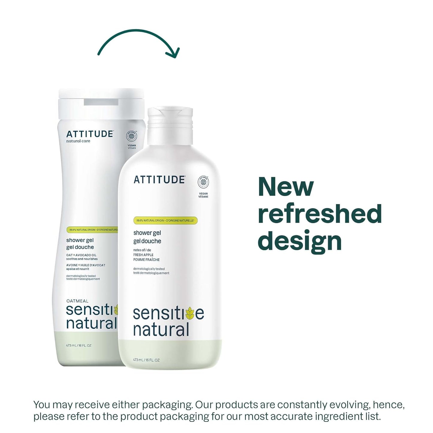 ATTITUDE Body Wash for Sensitive Skin with Oat, EWG Verified, Dermatologically Tested, Vegan, Fresh Apple Scent, 16 Fl Oz