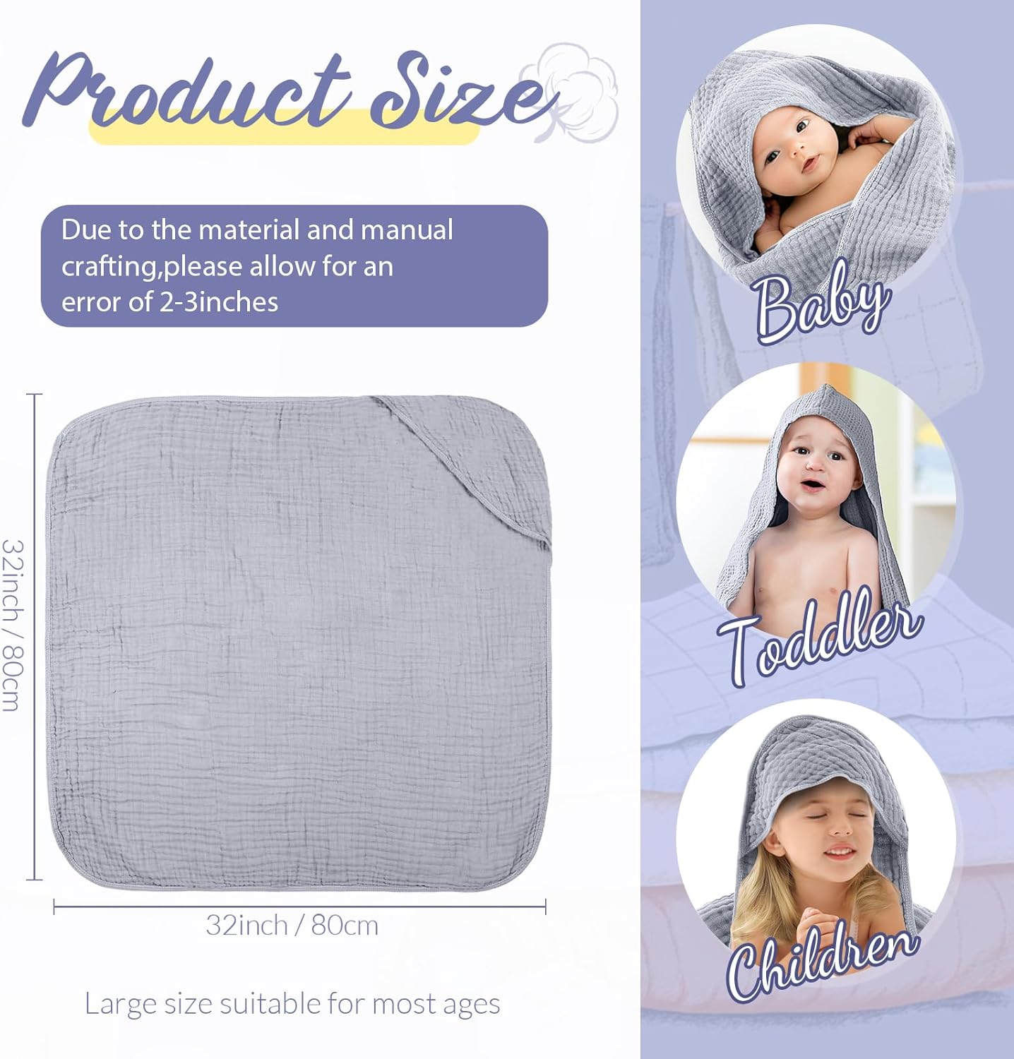 VitalCozy 6 Pcs Baby Muslin Hooded Bath Towels and Washcloths, 32 x 32 Inch Muslin Cotton Hooded Baby Towels Absorbent Blankets for Gift Newborn Infant Shower(Light Blue, Light Green)