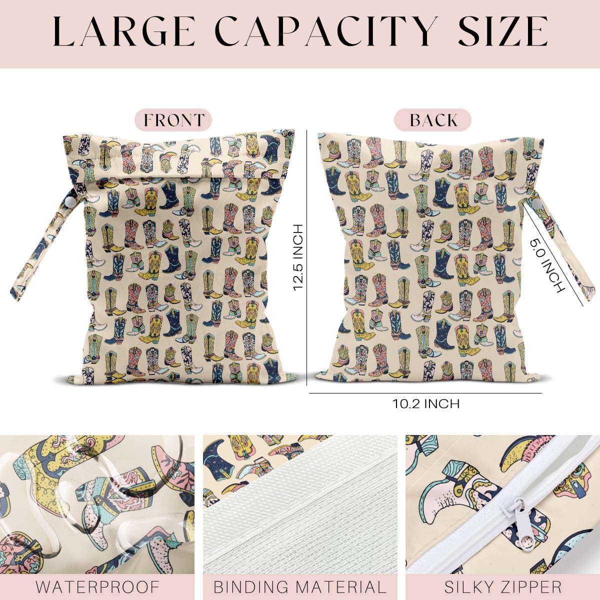 4Pcs Waterproof Wet Bag for Swimsuit, Travel Beach Wet Dry Bag, Hidden Zipper Reusable Western Cowgirl Decor, for Travel Beach Wet Swimsuits Toiletries Diapers Laundry Bag