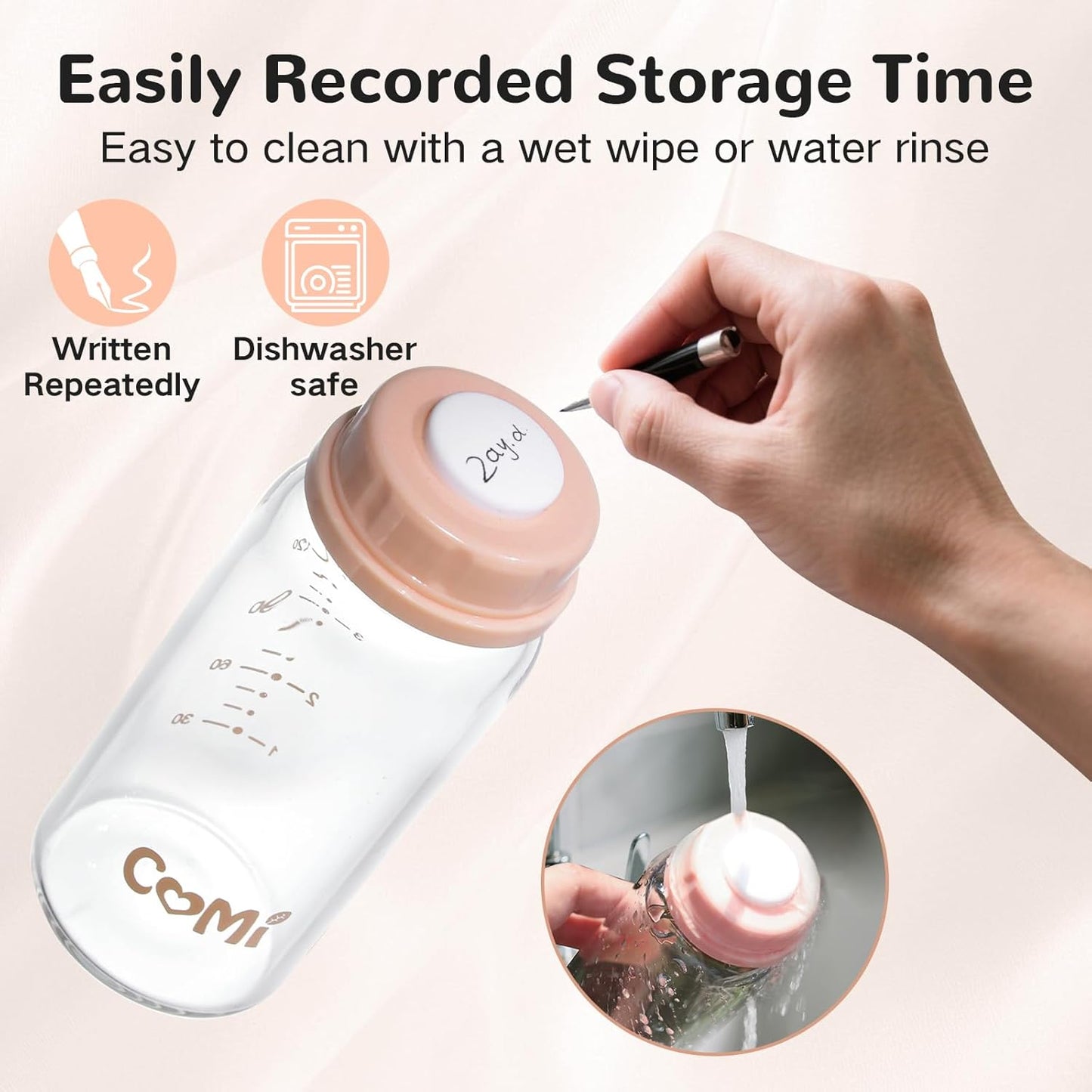 COMI Natural Glass Baby Bottle,Standard Neck Breastmilk Storage Bottle for Fridge,Breast Milk Container,Breast Pump Bottle Compatible with Medela Breast Pump,BPA Free,6PCS (5oz,6 Pink Lids)