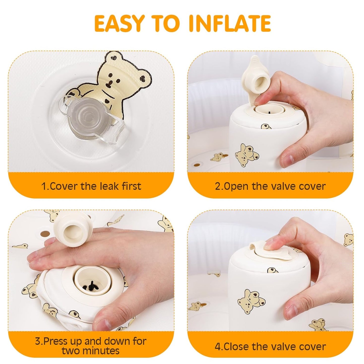 Blow Up Seat for Baby, Inflatable Baby Chair 3 Months & Up, Chair for Babies Sitting Up with Built in Pump (Bear)