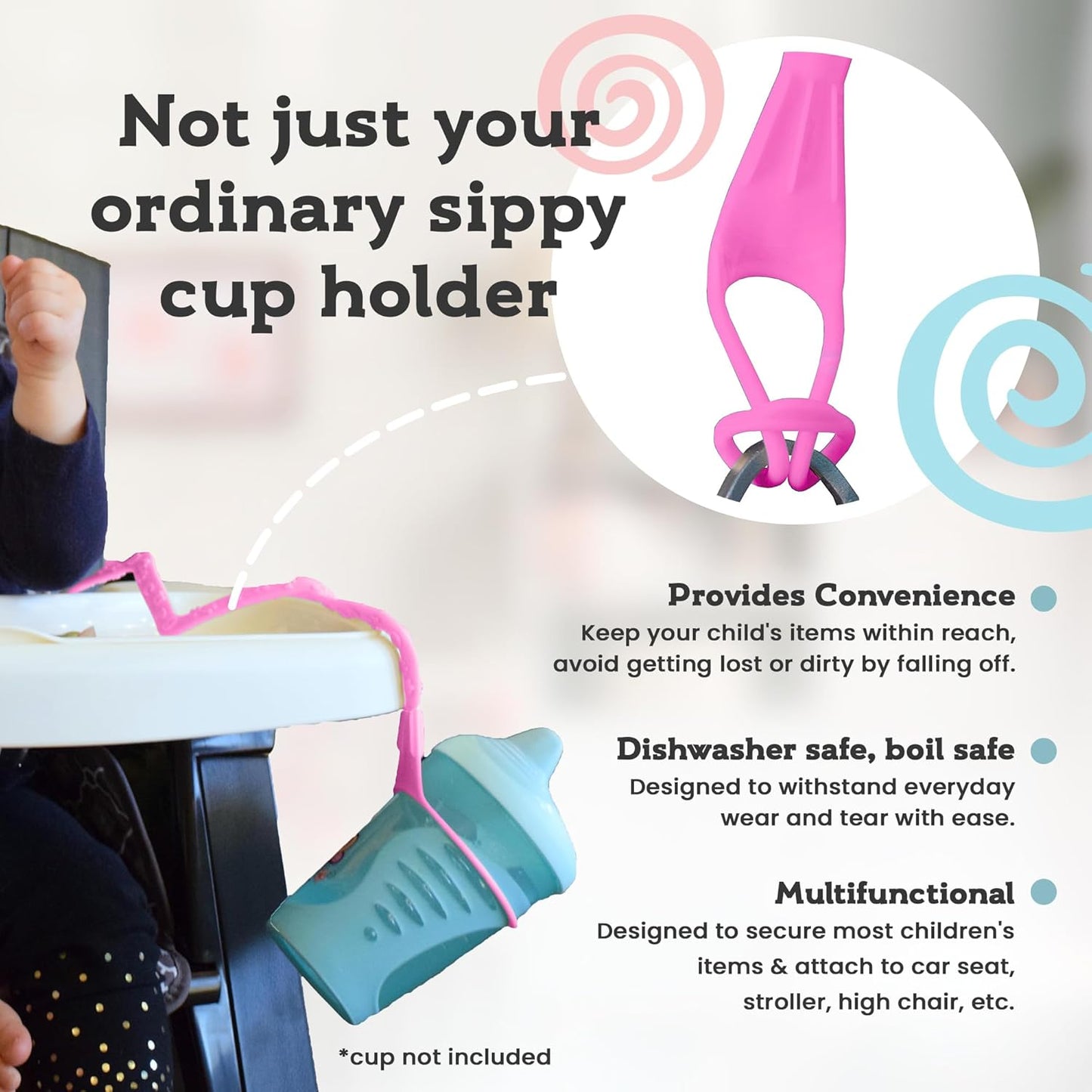 Brilli Baby Cup Catcher Patented Safety Tether Strap, Attach Sippy Cups, Bottles, Pacifiers & More to Stroller, High Chair, Car Seat, Made in USA, Food Grade, Dishwasher Safe (Pink & Pink)