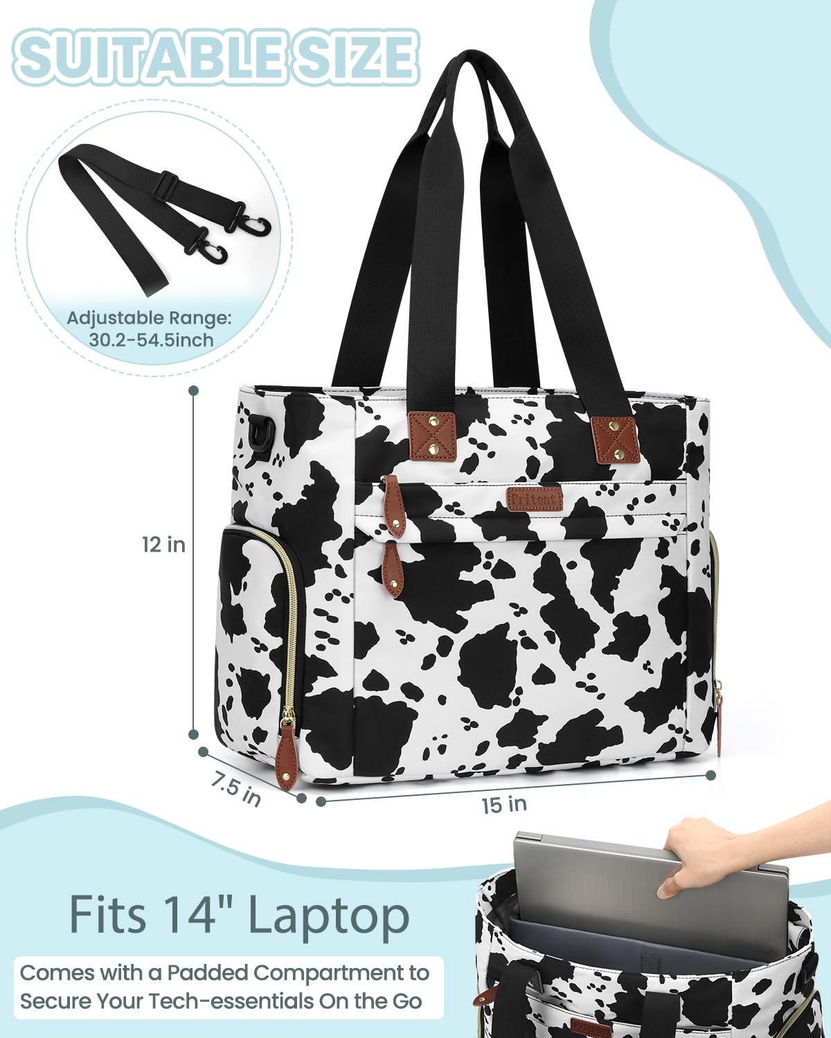 Diaper Bag Tote for Working Mom, Large Travel Diaper Tote for Mom and Dad with 14 Inch Laptop Sleeve, Mommy Maternity Travel Baby Bag for Boys and Girls, Cowprint