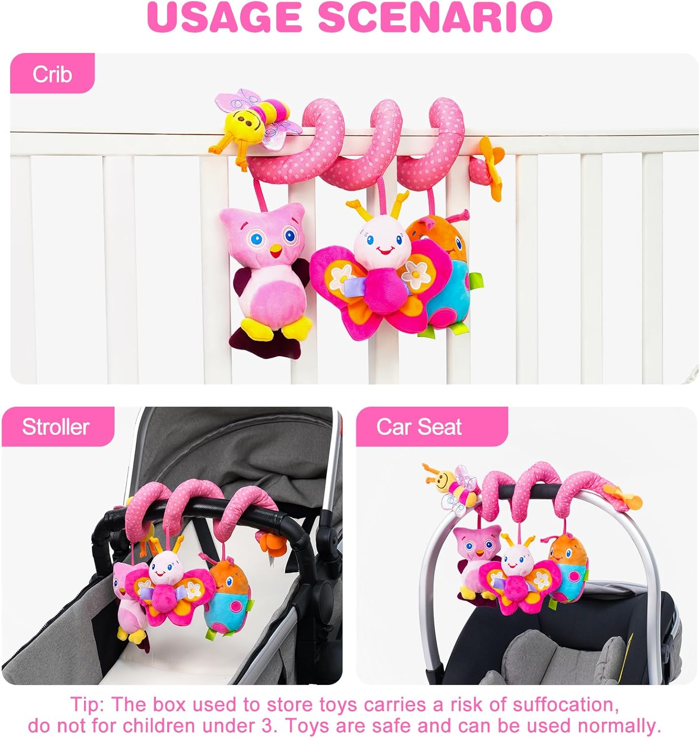 Jollybaby Crib Stroller Car Seat Toys for Baby 0-3-6-9-12 Months, Tummy Time Hanging Sensory Toys for Newborn with Music Box and Teether, Spiral Carseat Toy for Infant Boys Girls Gifts (13-Pink)