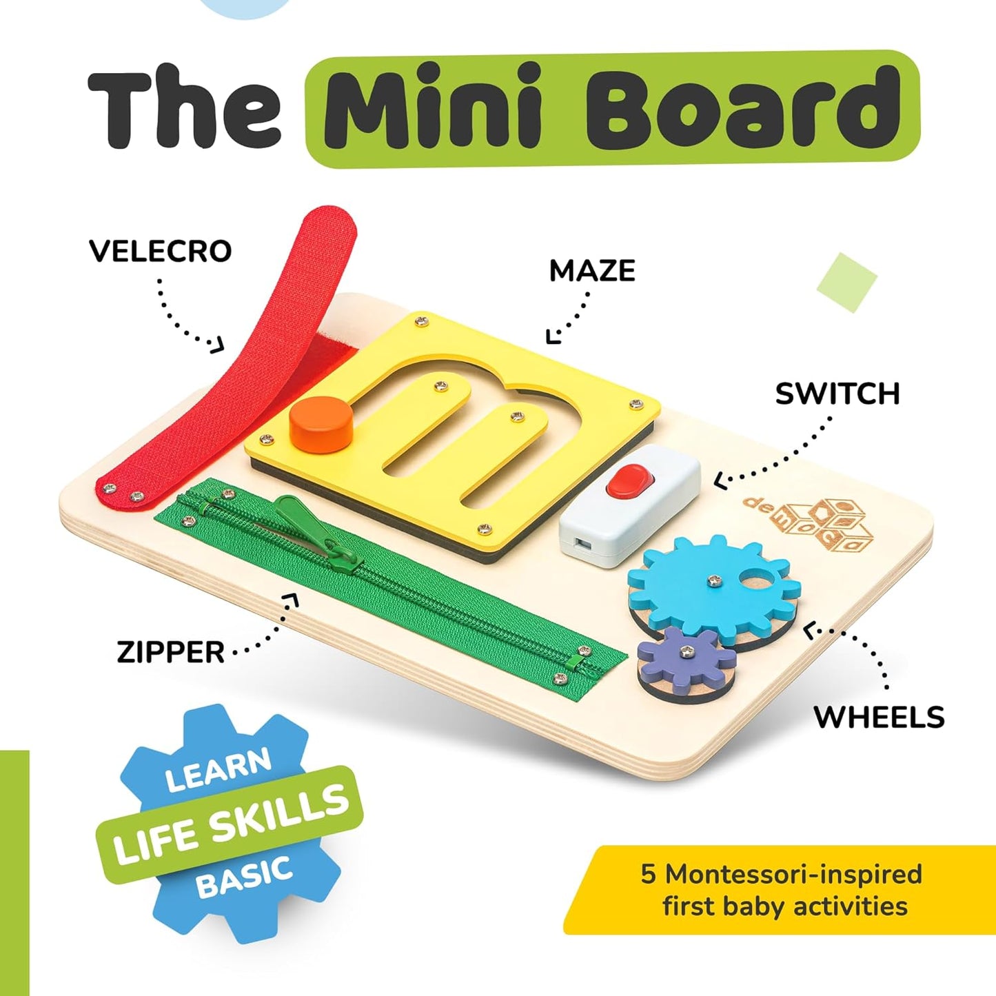 deMoca Sensory Busy Board for Toddlers, Premium Wooden Toddler Busy Board for 1 2 3 Year Old with 10 Educational Activities for Fine Motor Skills, Fidget Activity Toy for Travel Toy (Color)