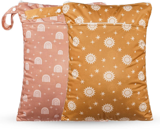 Wet Dry Bags with Two Zippered Pockets and Handle, Reusable Storage Bag for Breast Pump Parts & Baby Items, Waterproof Diaper Bags, Yoga Gym Bag for Swimsuits or Wet Clothes-2pcs, 11.8*15.75"