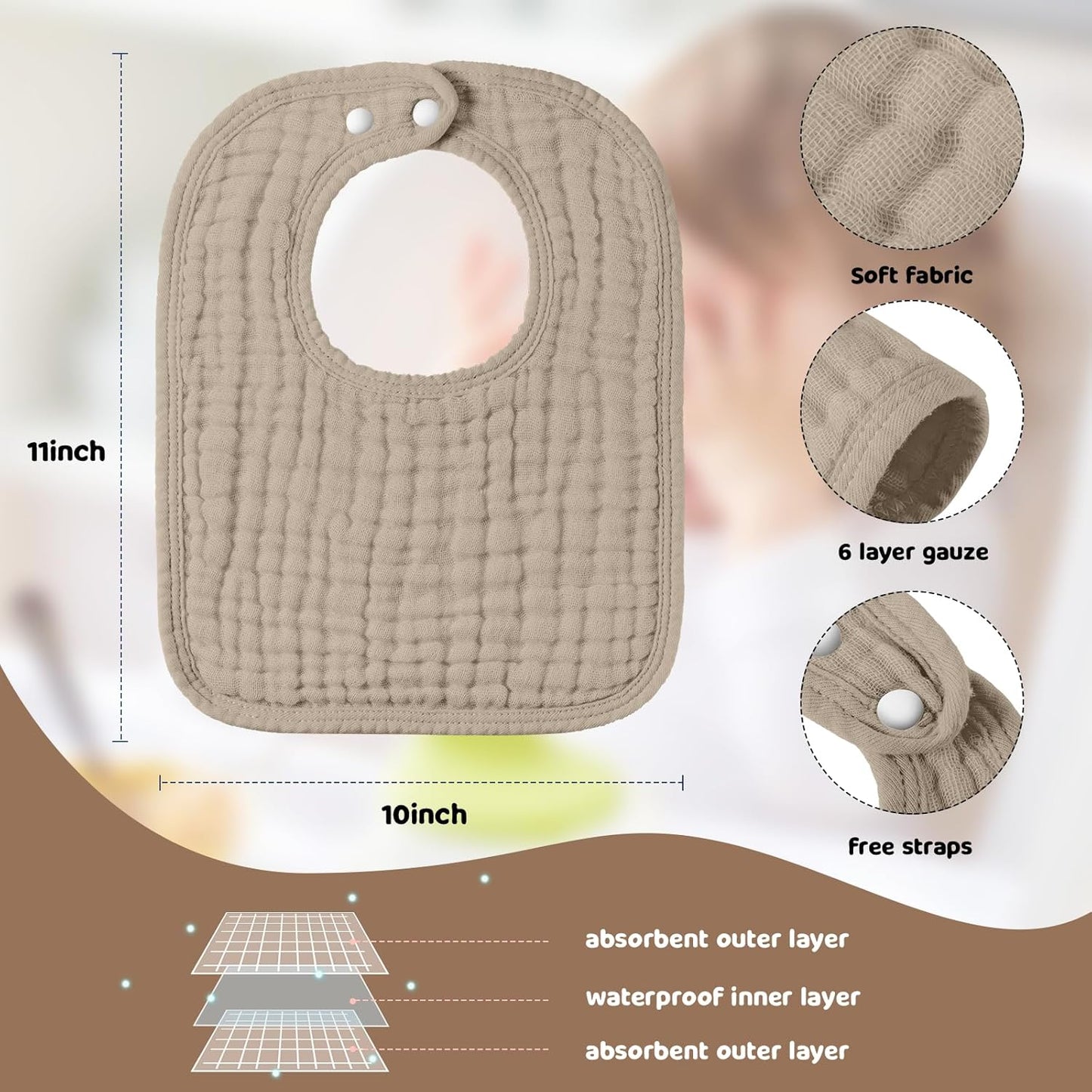 Tallew 8 Pack Baby Bibs and Muslin Burps for Baby Boy Girl Drooling and Teething 20" x 10" Burp Cloths Absorbent Rag Soft Cotton Bibs for Newborn Toddler Infant 0-24 Month Essentials(Brown Series)