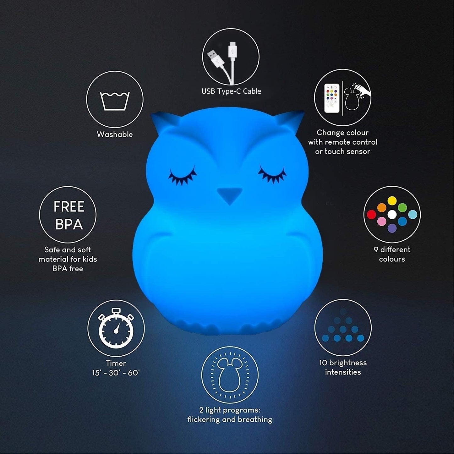 Owl Night Light Baby Bedside Lamp Child, Silicone Nursery Lamp for Breastfeeding Bedroom Mood Lights, Eye Caring, Adjustable Brightness & Color, Time Setting, Holiday Gifts - Medium