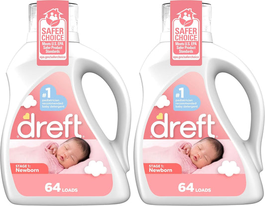 Dreft Stage 1: Newborn Hypoallergenic Liquid Baby Laundry Detergent (HE), Natural for Baby, Newborn, or Infant, 100 Ounces (64 loads) (Pack of 2)