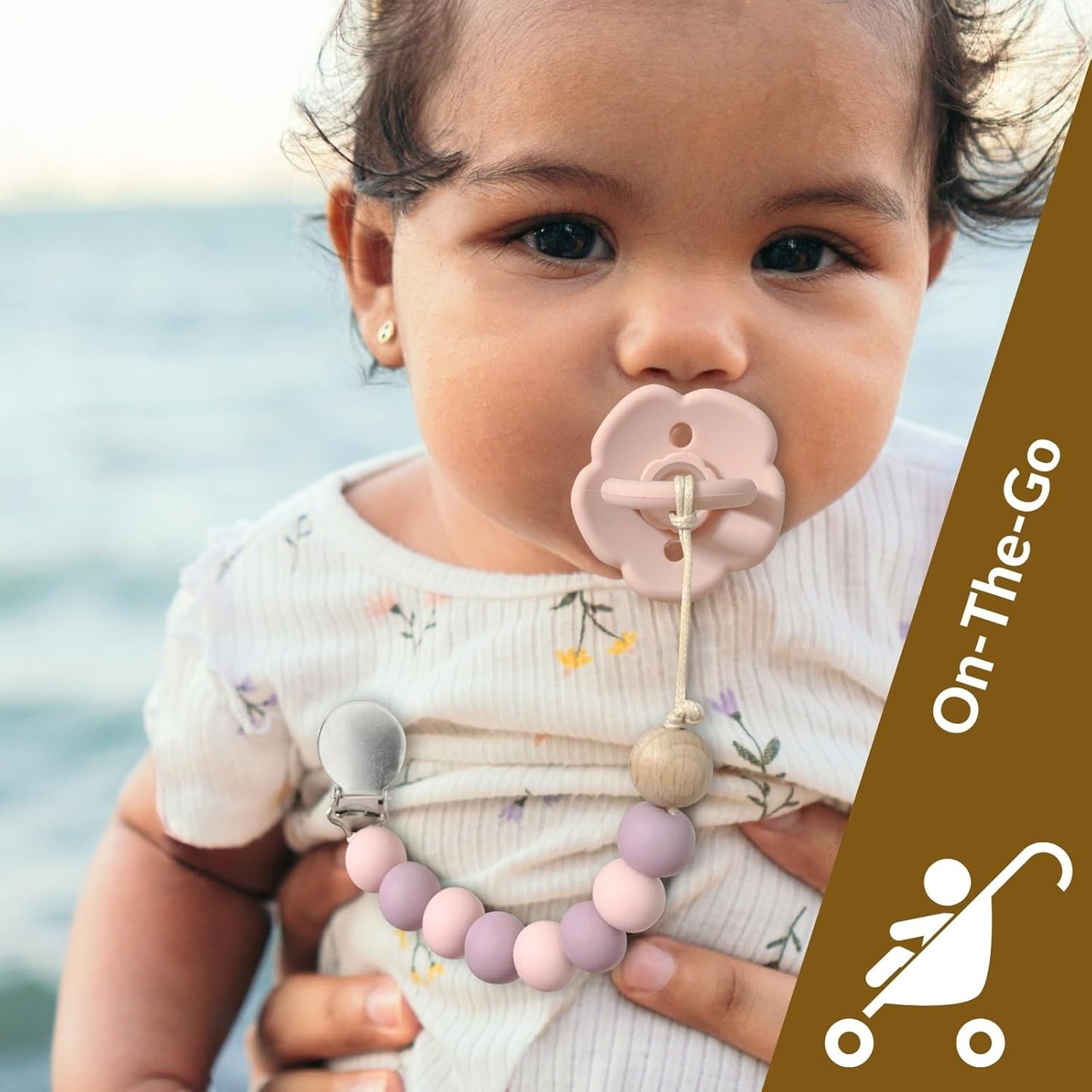 2 Pack Pacifier Clips, Silicone Pacifier Clip for Baby Boys and Girls, Baby Pacifier Strap with Silicone Beads, Soother Dummy Holder, Pacifier Holder, Keeps Pacifier Clean (Blossom/Apricot)