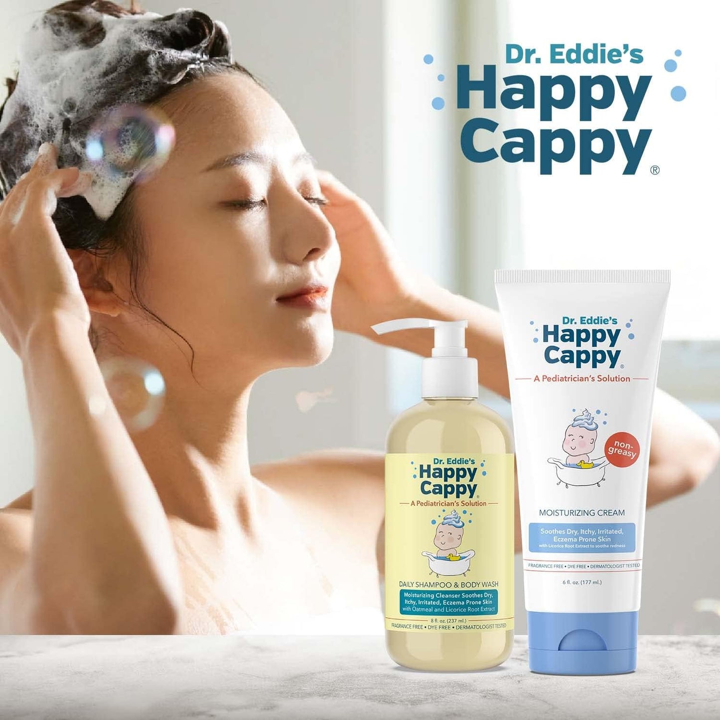 Happy Cappy Baby Shampoo and Body Wash and Moisturizing Cream Bundle - Eczema Body Wash and Lotion for Kids, Toddler, Adults, Helps with Dryness, Reduces Itching, Dermatologist Tested, Fragrance-Free