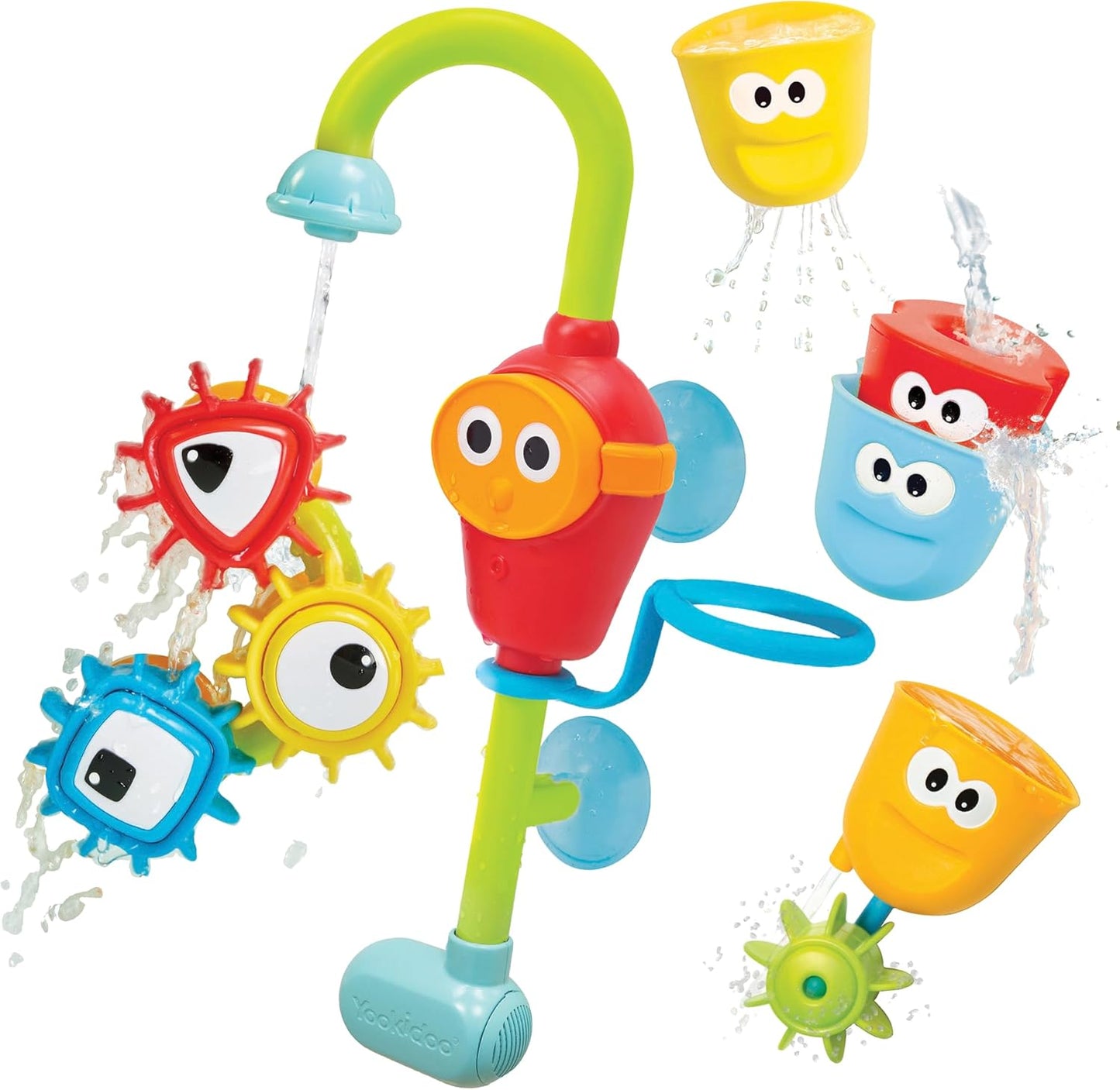 Yookidoo Bay Bath Toddler Toys (Ages 1-3) - 3 Stackable Cups, Spinning Gears, Hose & Spout for Water Play - Mold Free - Suction Cups Attach to Any Bath Tub or Shower - Spin N Sort Spout Pro