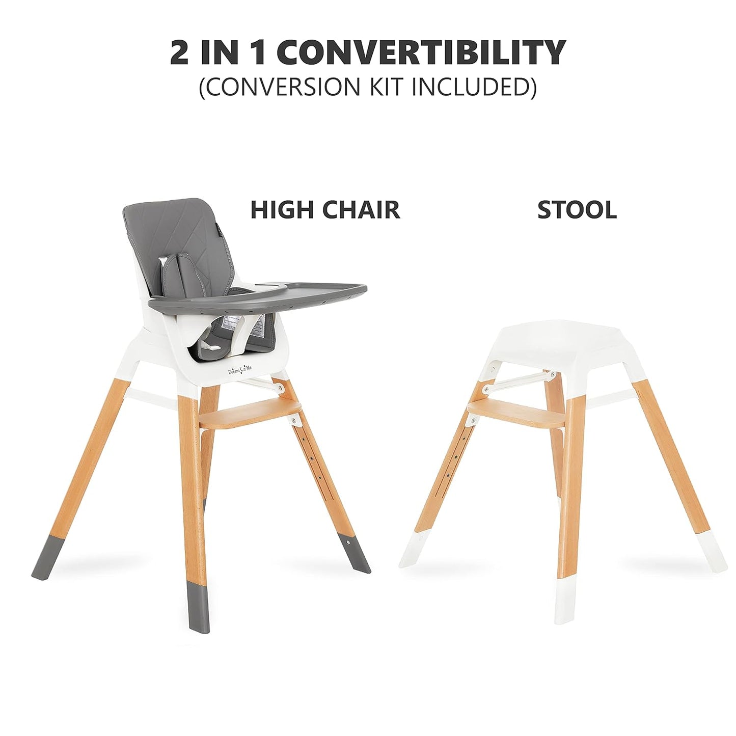 Dream On Me Nibble 2-in-1 Wooden Highchair | Convertible Baby Feeding Chair with Removable Tray, Adjustable Footrest, 5-Point Harness, Lightweight Modern Design for Infants & Toddlers