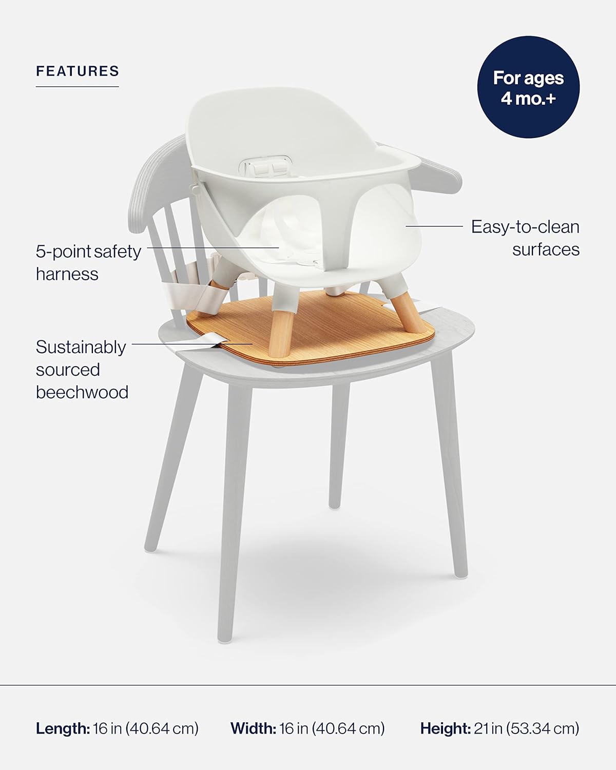 Lalo The Booster Seat for Babies & Toddlers, Children's Booster Seat, Easy to Clean Five-Point Safety Harness & Durable Non-Toxic Plastic Seat & Belly Bar - Coconut