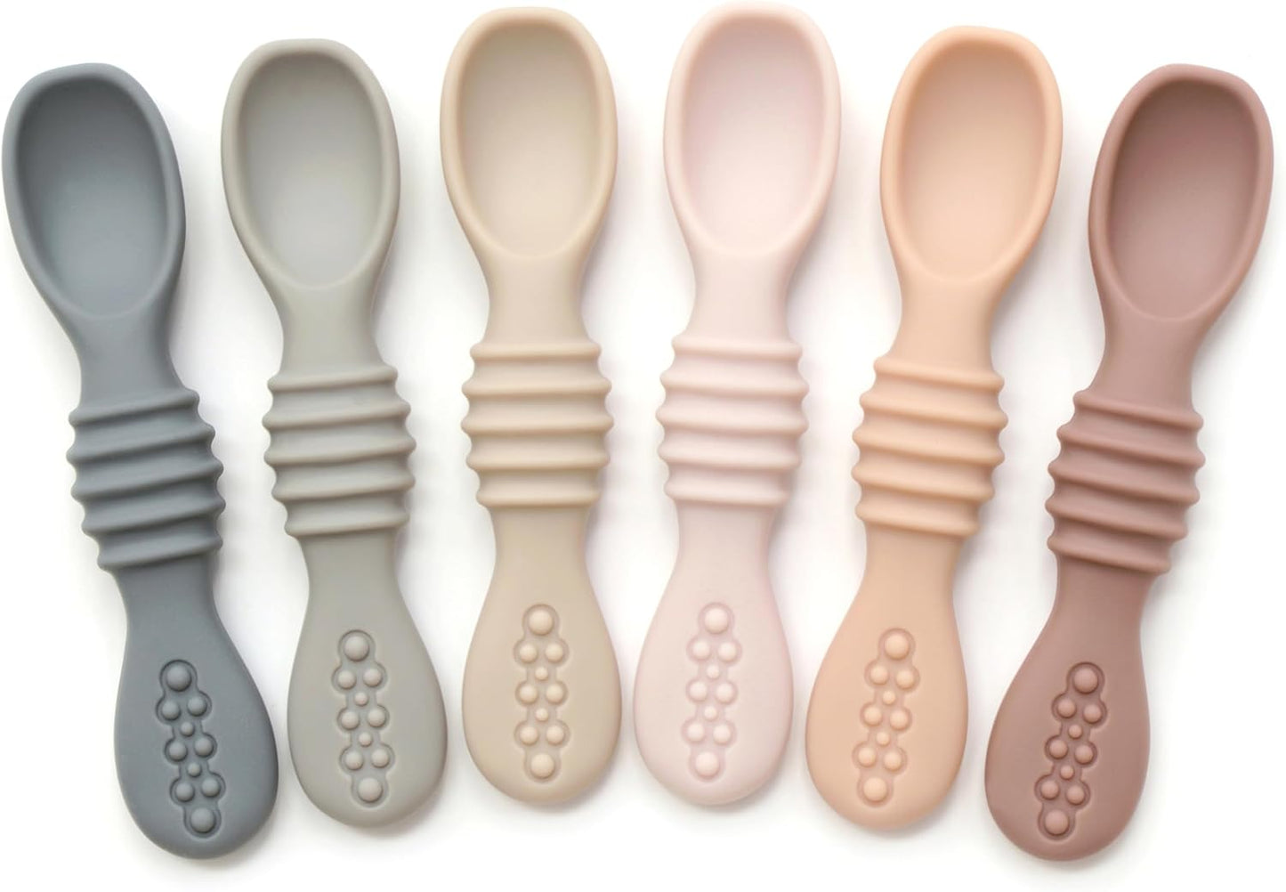 PrimaStella Silicone Chew Spoon 6-Piece Set | First Stage Feeding Spoons | Baby Led Weaning Supplies | BPA Free | Dishwasher and Boil Safe | Neutral Palette