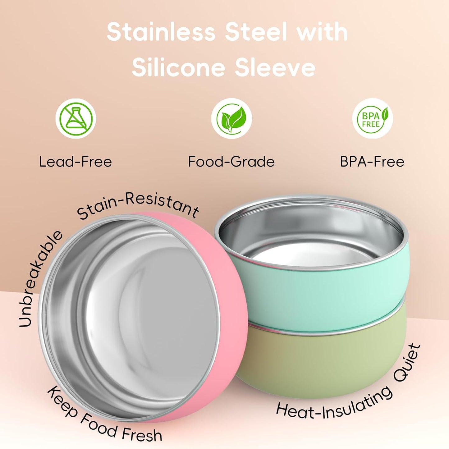 Bella's Friends Stainless Steel Baby Bowls with Silicone Sleeve 3 Pack, 5” for Toddlers Kids Feeding, Non-Slip, Non-Toxic, Mess-Free, Dishwasher Safe, Fit High Chair Size