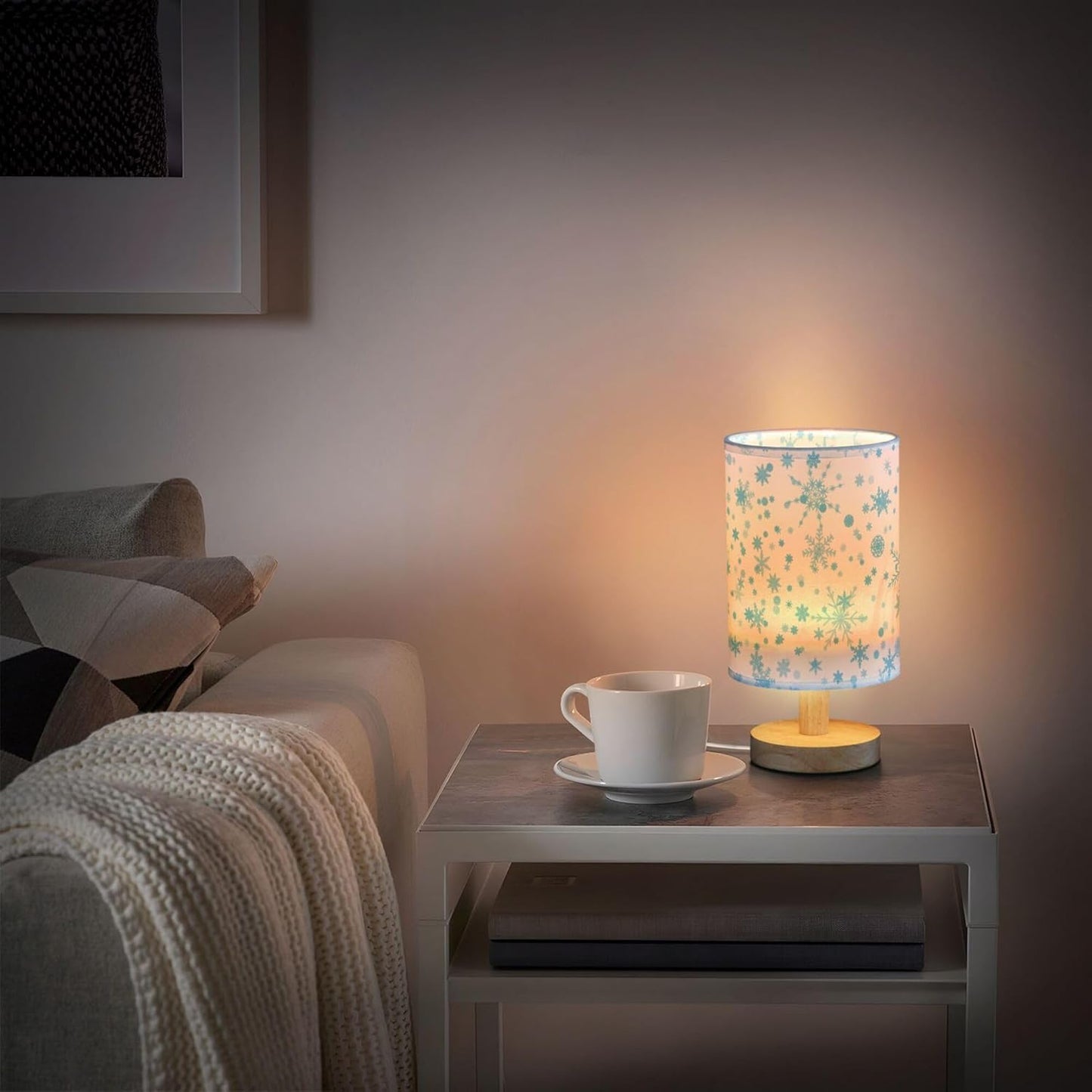 Table Lamp Blue Snowflake Pattern Snowy Christmas Frozen Xmas Holiday Decor Nightstand Lamp with Wood Base Fabric Lamp Shade Bedside Desk Lamp for Living Room Bedroom Kids Room Office