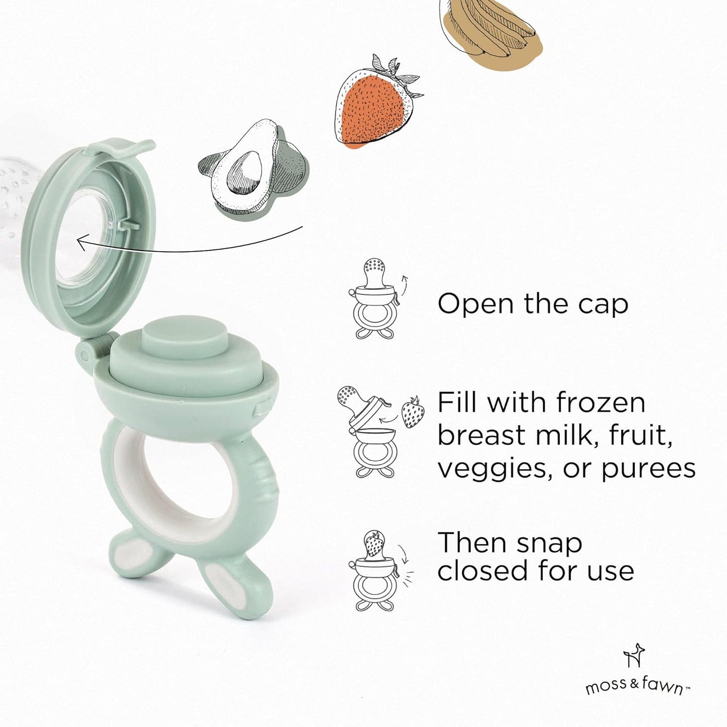 Moss and Fawn Little Explorer Kit - Silicone Frozen Breast Milk Popsicle Kit with Forage Feeder, Teething Popsicle Ice Cube Tray, & Gather & Roll Baby Feeding Bib - BPA, PVC, & Lead-Free - Fern