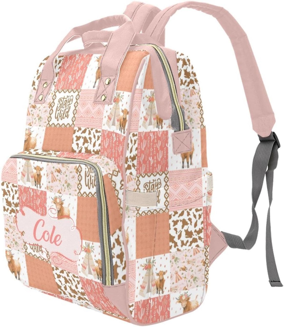 Personalized Highland Cow Pink Diaper Bag with Name – Custom Baby Bag, Nursing Tote Backpack for Mom, Custom Name Mommy Daypack, Shower Gift for Baby