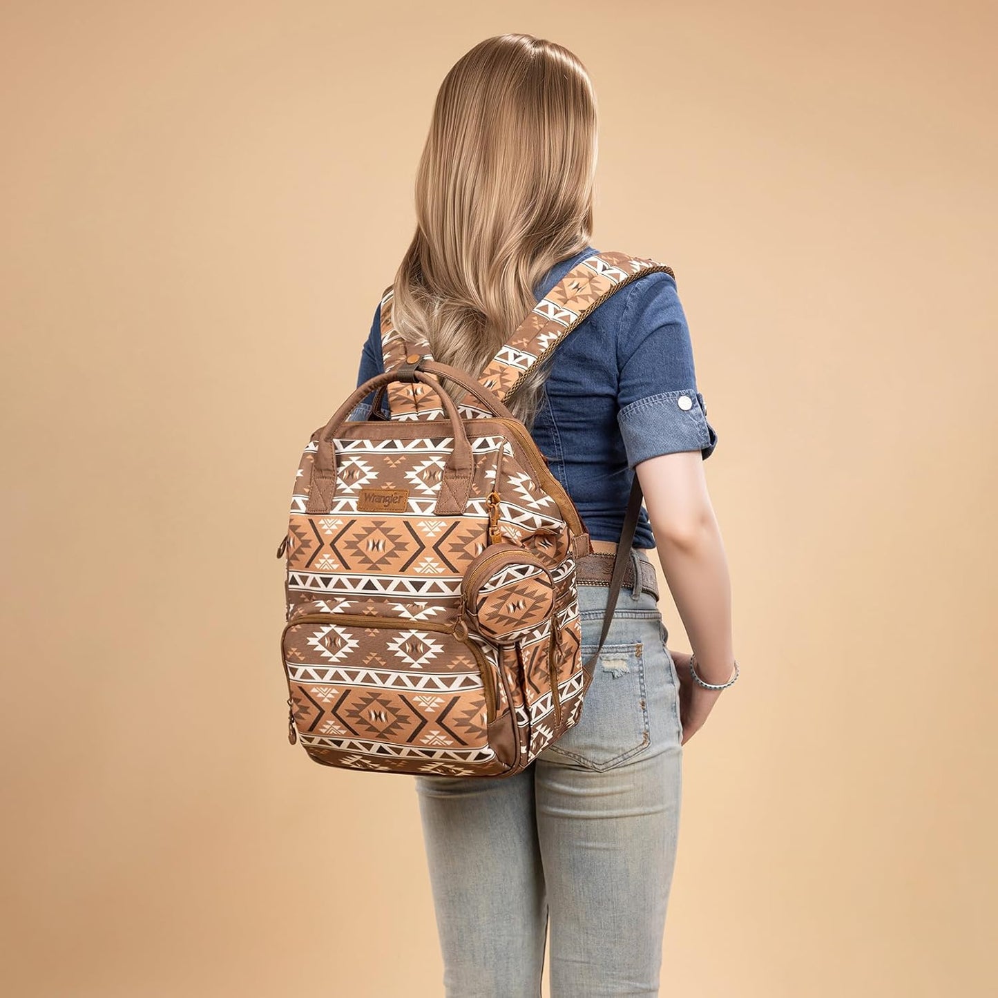 Wrangler Aztec Backpack Multifunction Baby Travel Bag with Changing Pad, Stroller Straps and Pacifier Case WG2204-91103BR