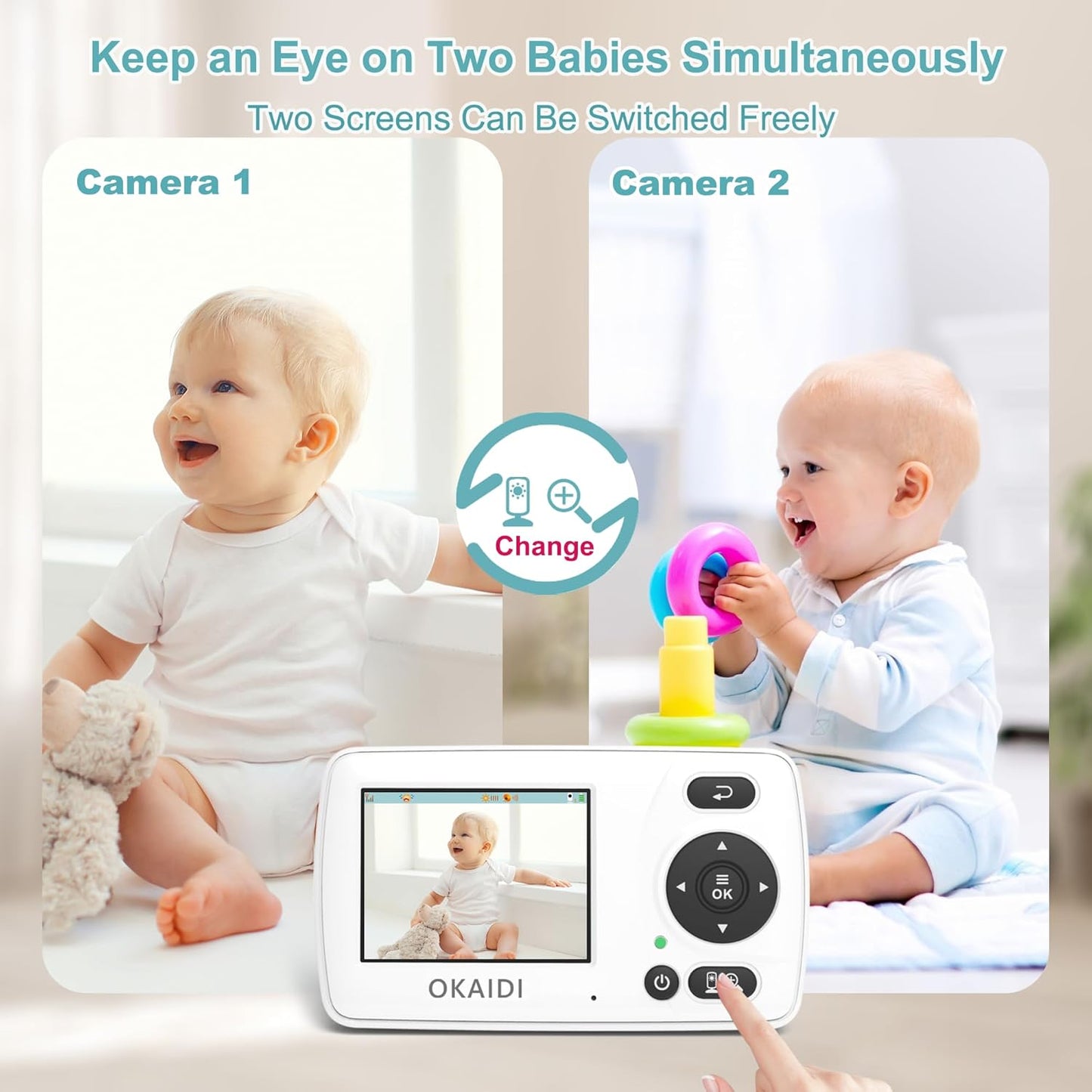 OKAIDI Video Baby Monitor with 2 Cameras, 2.4'' Portable Travel Screen, 1000ft Long Range Transmission, Baby Monitor No WiFi, Infrared Night Vision, VOX Mode