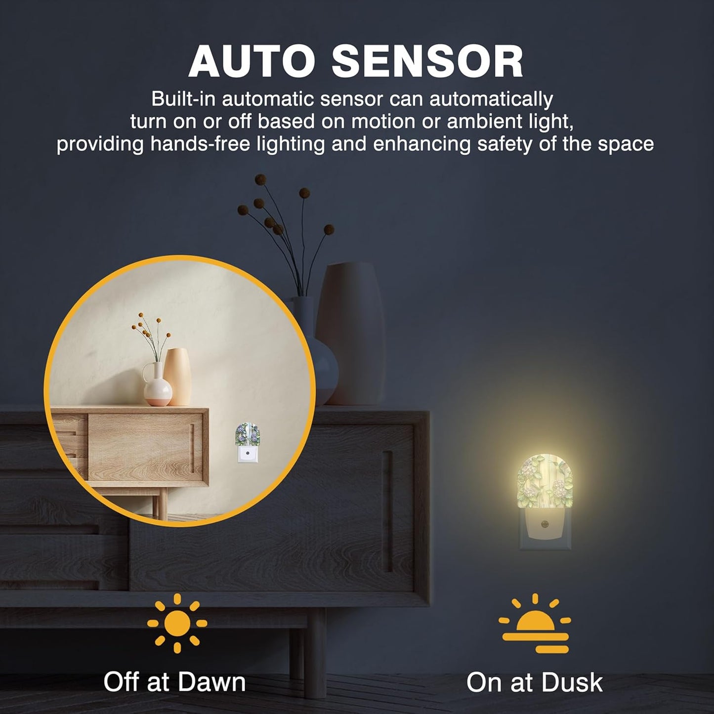 Night Lights Plug into Wall Hummingbirds and Hydrangea Flowers Night Light Dusk to Dawn Smart Sensor Decorative Round Led Lamp for Bedroom Kitchen Hallway Nightlight for Women Men