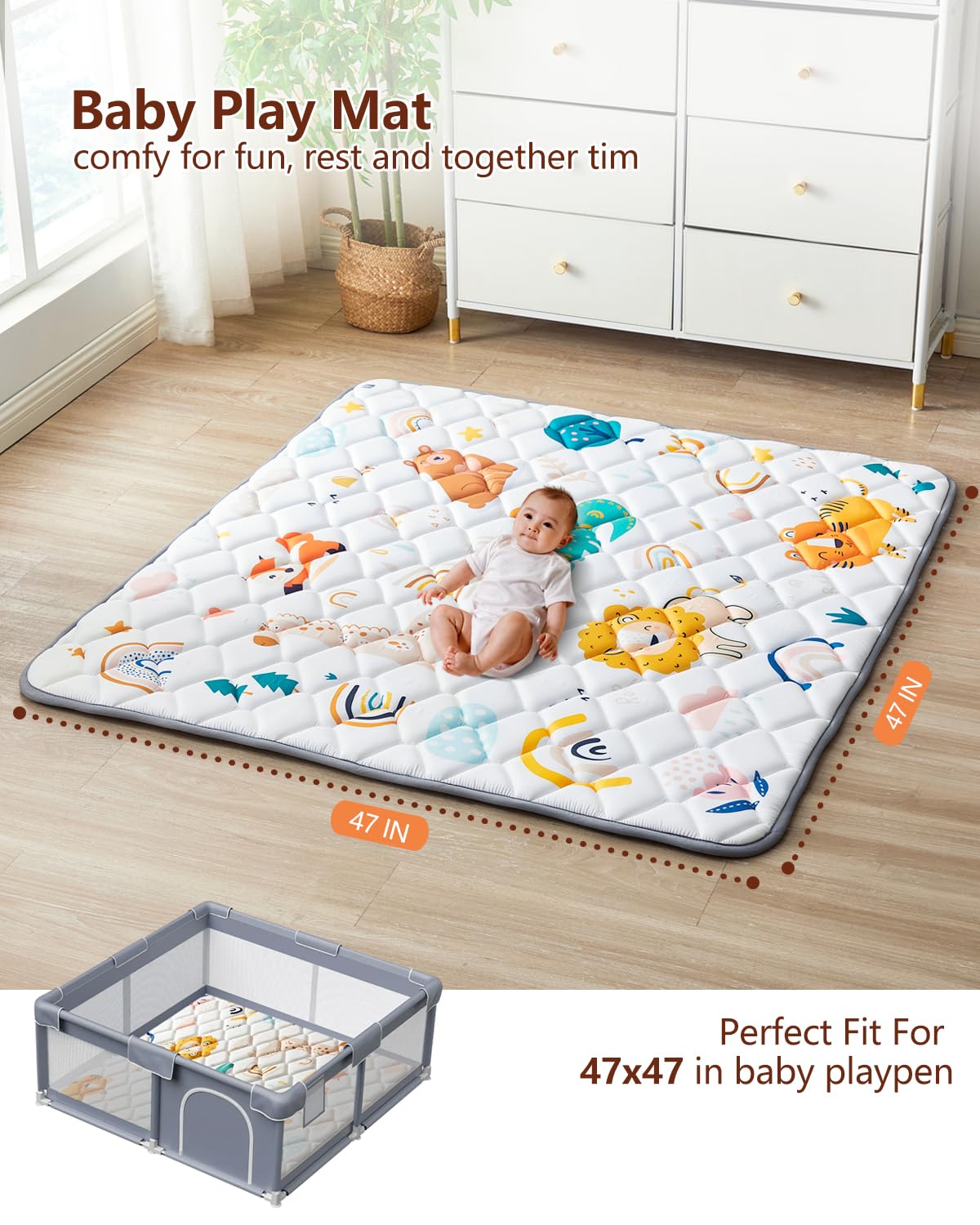 Baby Play Mat 47"x47", Non-Slip Baby Mat for Floor, Soft Thicker Playpen Mat, Portable Playmat, Crawling Mat for Babies, Toddlers & Infants to Play and Learn（Animal）