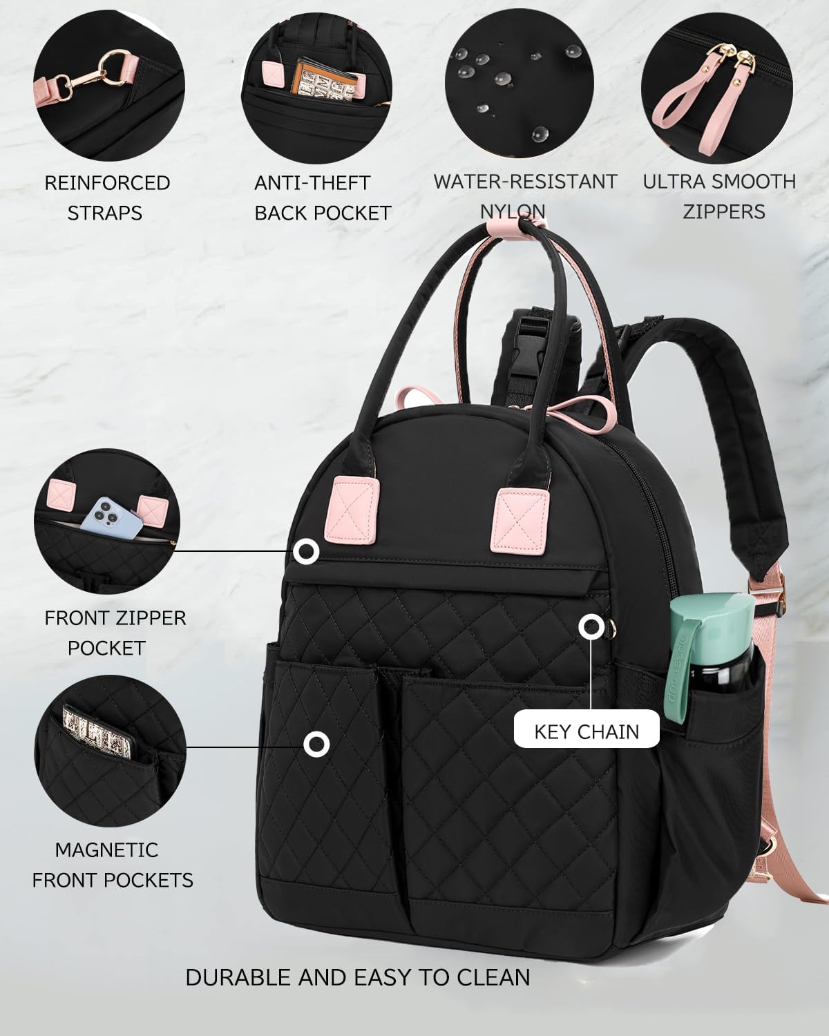 18 Pockets Large Diaper Bag Backpack with Waterproof Pockets and Stroller Buckle, Convertible Baby Bag (Black-pink, Medium)