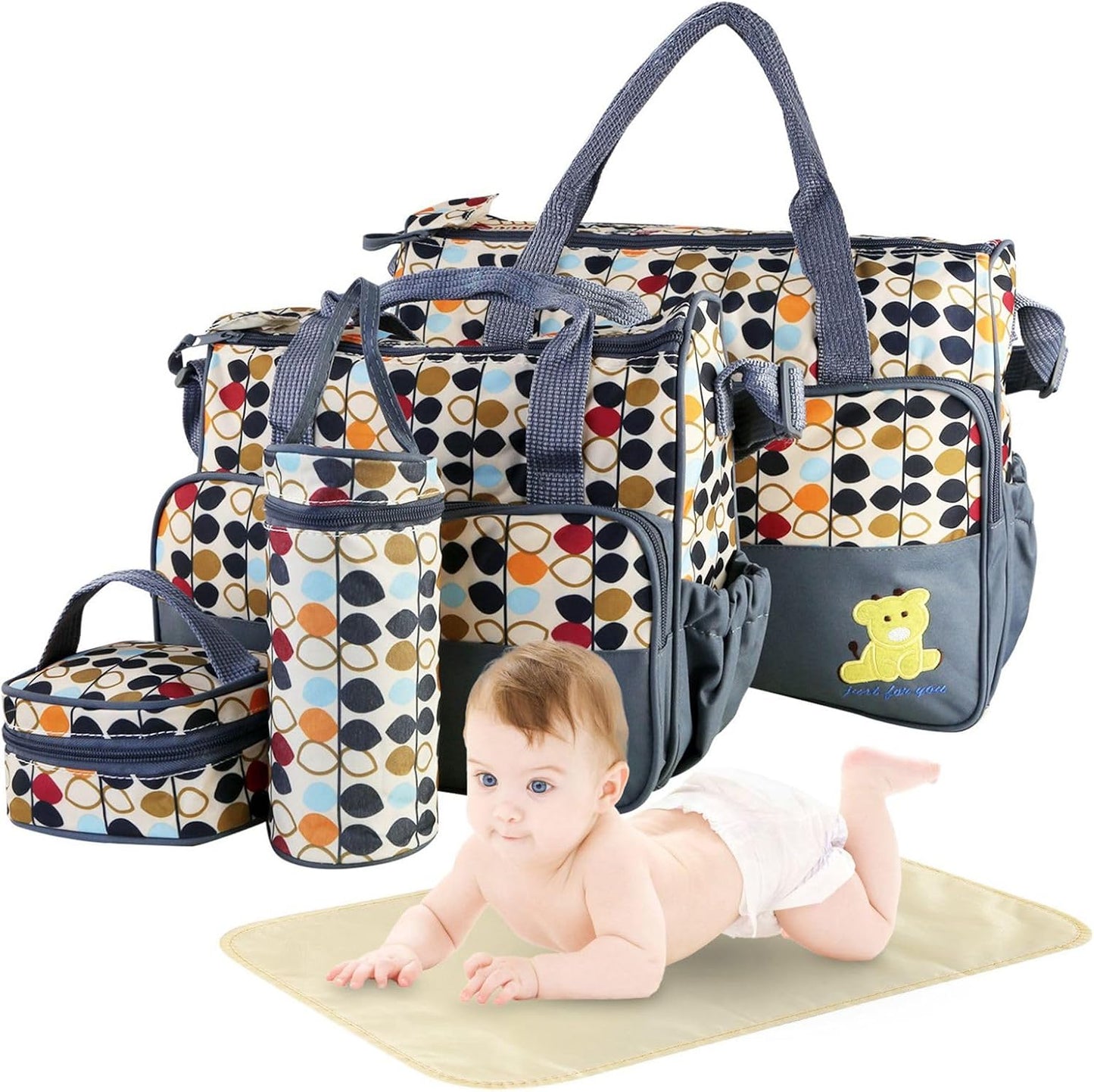 5Pcs Diaper Bag Tote Set,Large Mommy Bag with Portable Nappy Changing Pad,Pacifier Case,Travel Baby Bags for Mom