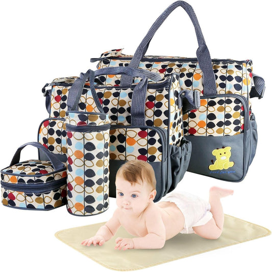 5Pcs Diaper Bag Tote Set,Large Mommy Bag with Portable Nappy Changing Pad,Pacifier Case,Travel Baby Bags for Mom