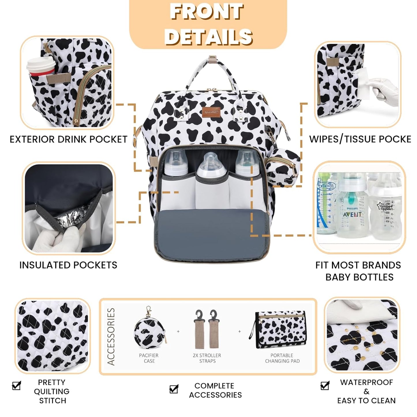 Diaper Bag Backpack with Changing Pad, Pacifier Case, Baby Bag for Boy Girl Toddler - Large, Stylish, Waterproof Travel Quilted Diaper Bag for Mom - Baby Shower Registry - Cow