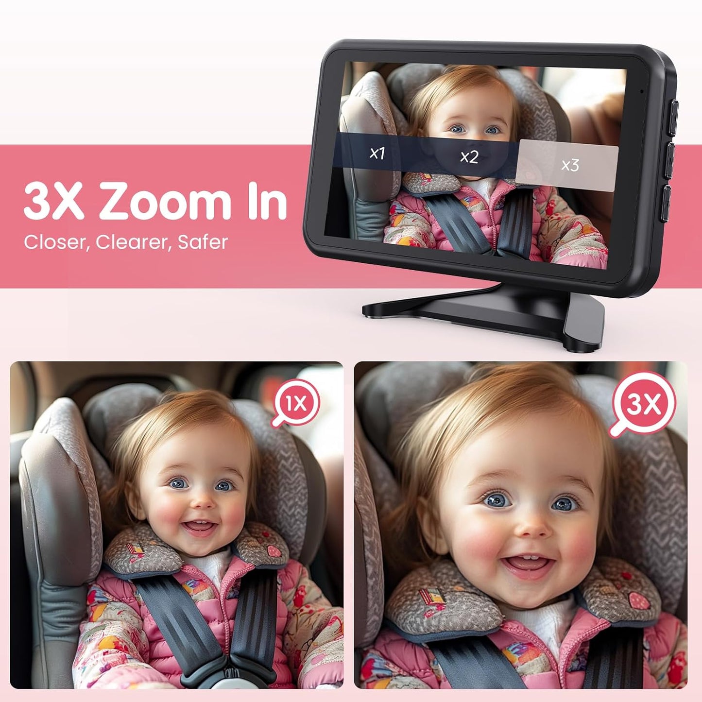 BM2A Baby Car Camera, 3X Zoom & 5.2" 1080P Display for Rear-Facing Car Seats, IR Night Vision, Easy No-Damage Instal – Ideal Car Baby Camera for Parents and Pet Owners