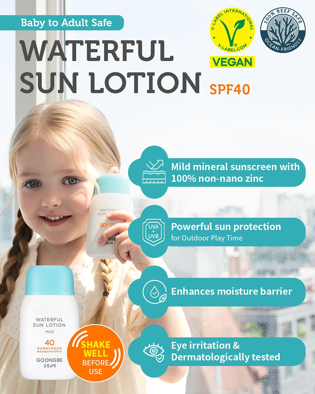 GOONGBE Sun Lotion SPF 40 & Sun Stick SPF 50-100% Zinc Oxide Mineral Sunscreen - No White Cast - Vegan Reef-Safe for Babies Kids Adults - Korean Skincare, 2.82oz & 0.49oz