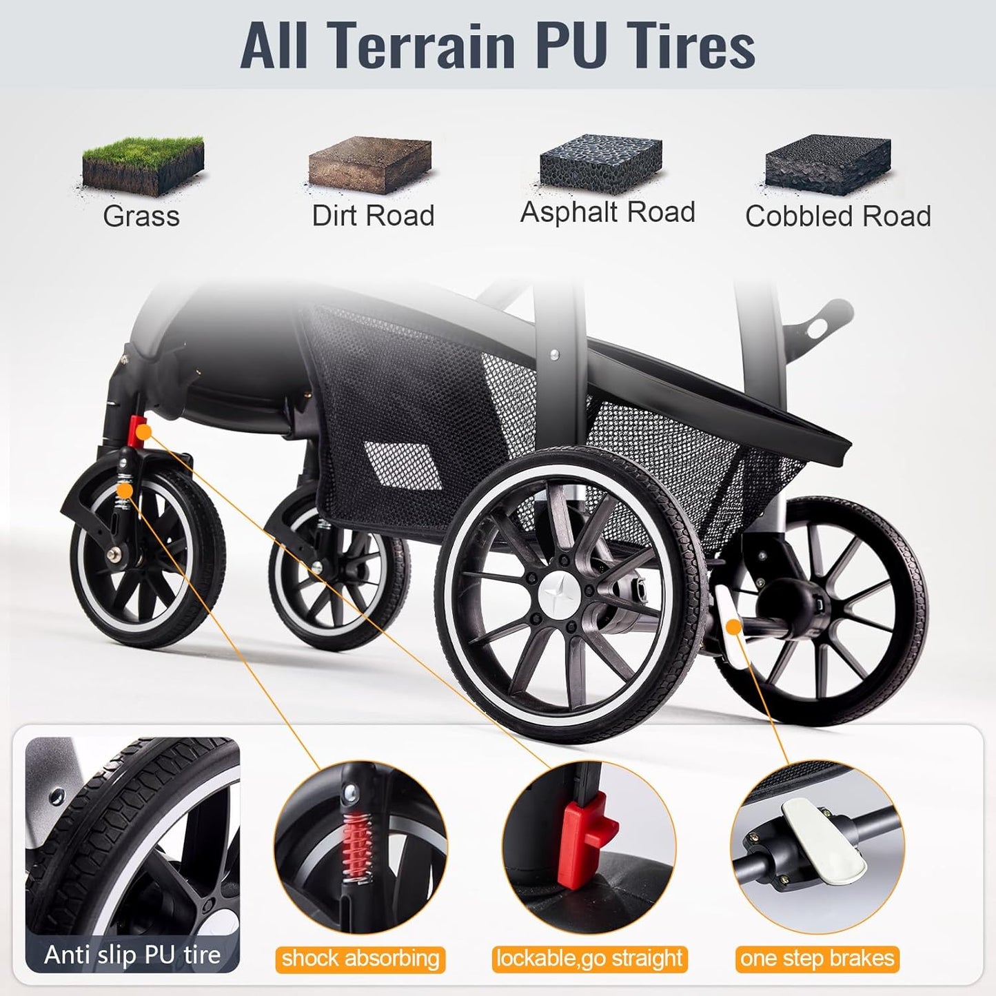 Baby Stroller, 2-in-1 Reversible Toddler Seat with Lie-Flat Mode, Foldable Infant Stroller with Canopy, One Button Brake, Adjustable Handle, Newborn Pushchair (Black B)