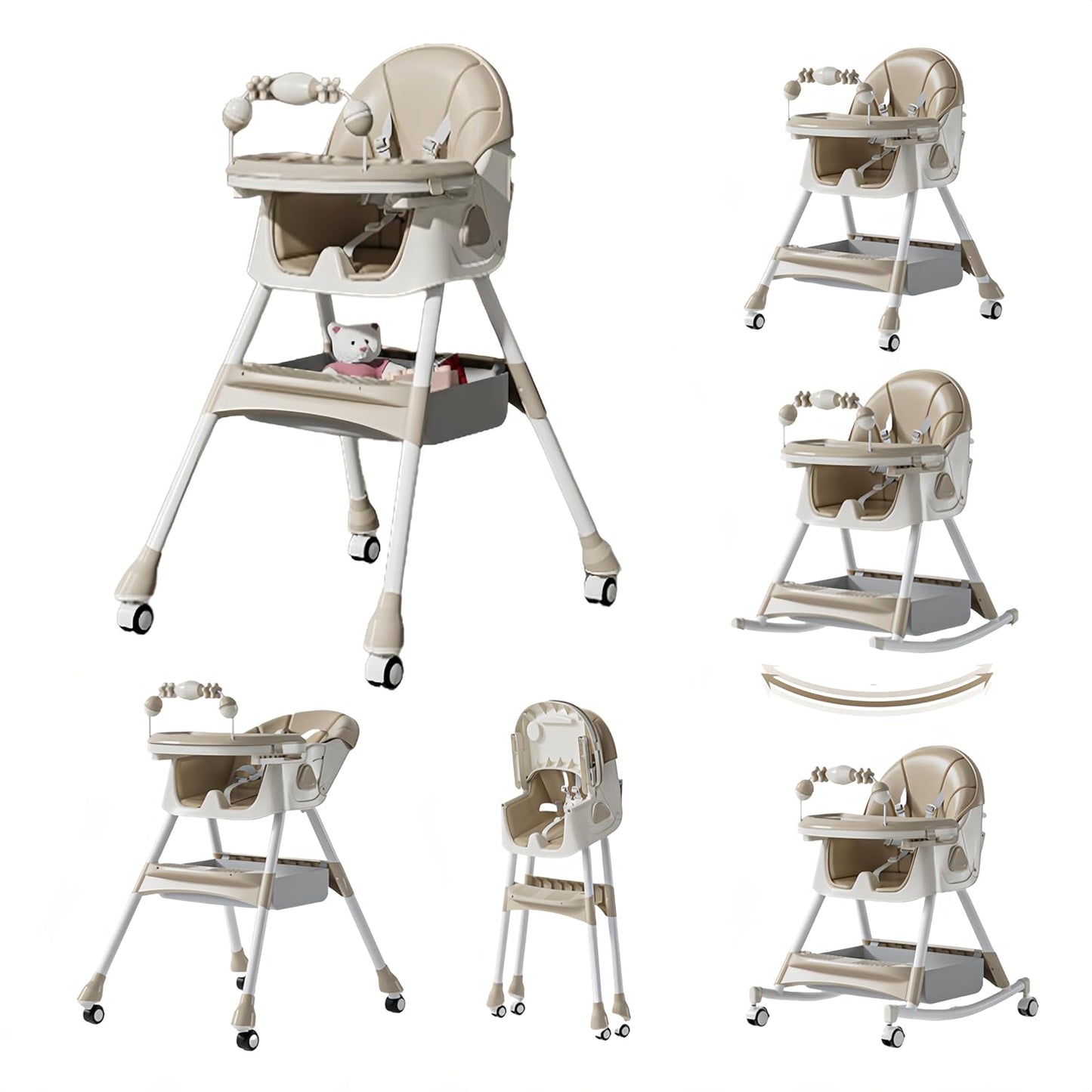 Nine point nine PU Leather High Chairs with Rocking Mode, High Chair for Babies and Toddlers, Adjustable and Easy to Fold Highchair, Highchairs with Double Tray (Khaki)
