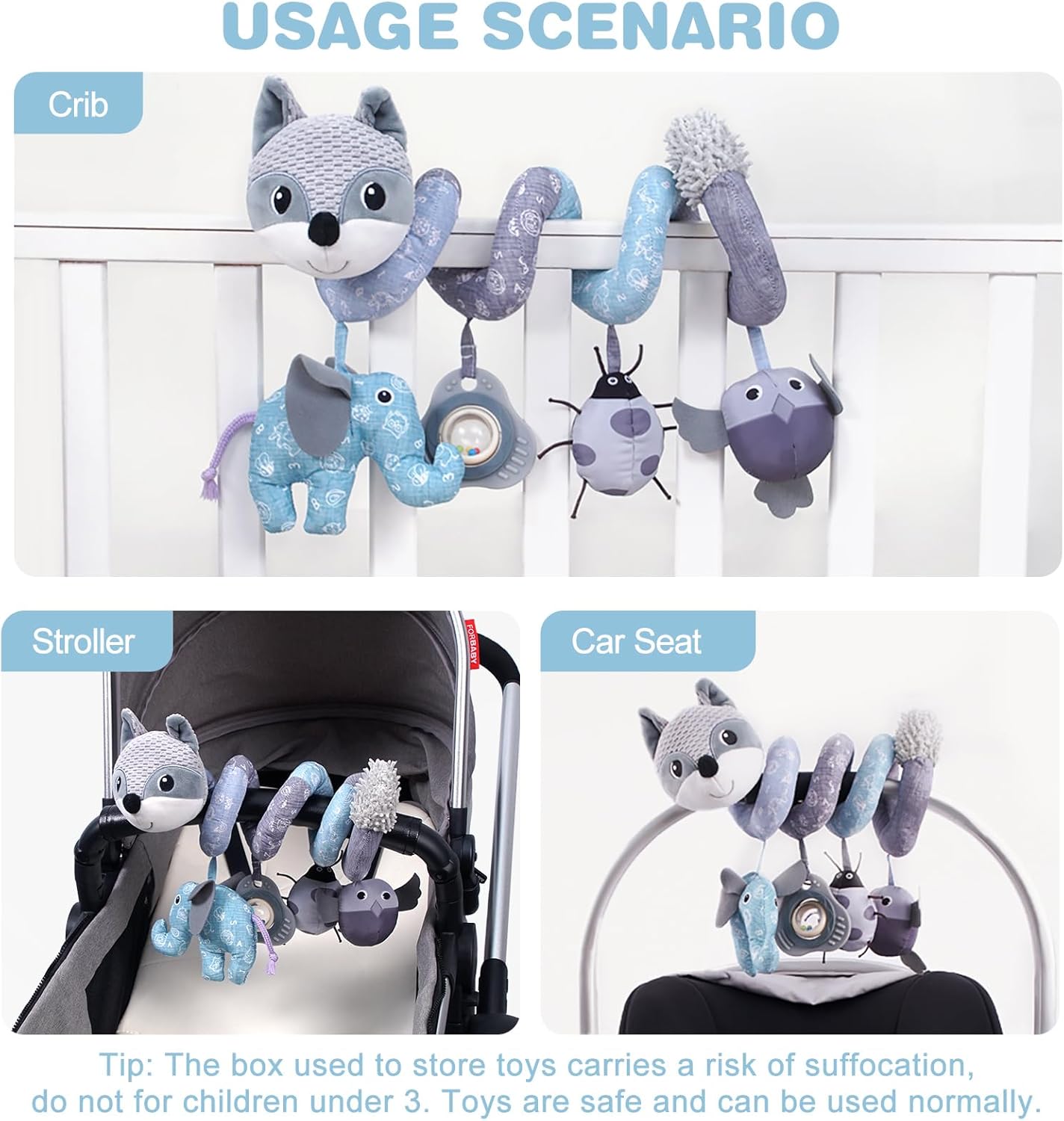 Jollybaby Crib Stroller Car Seat Toys for Baby 0-3-6-9-12 Months, Tummy Time Hanging Sensory Toys for Newborn with Music Box and Teether, Spiral Carseat Toy for Infant Boys Girls Gifts (12-Grey Fox)