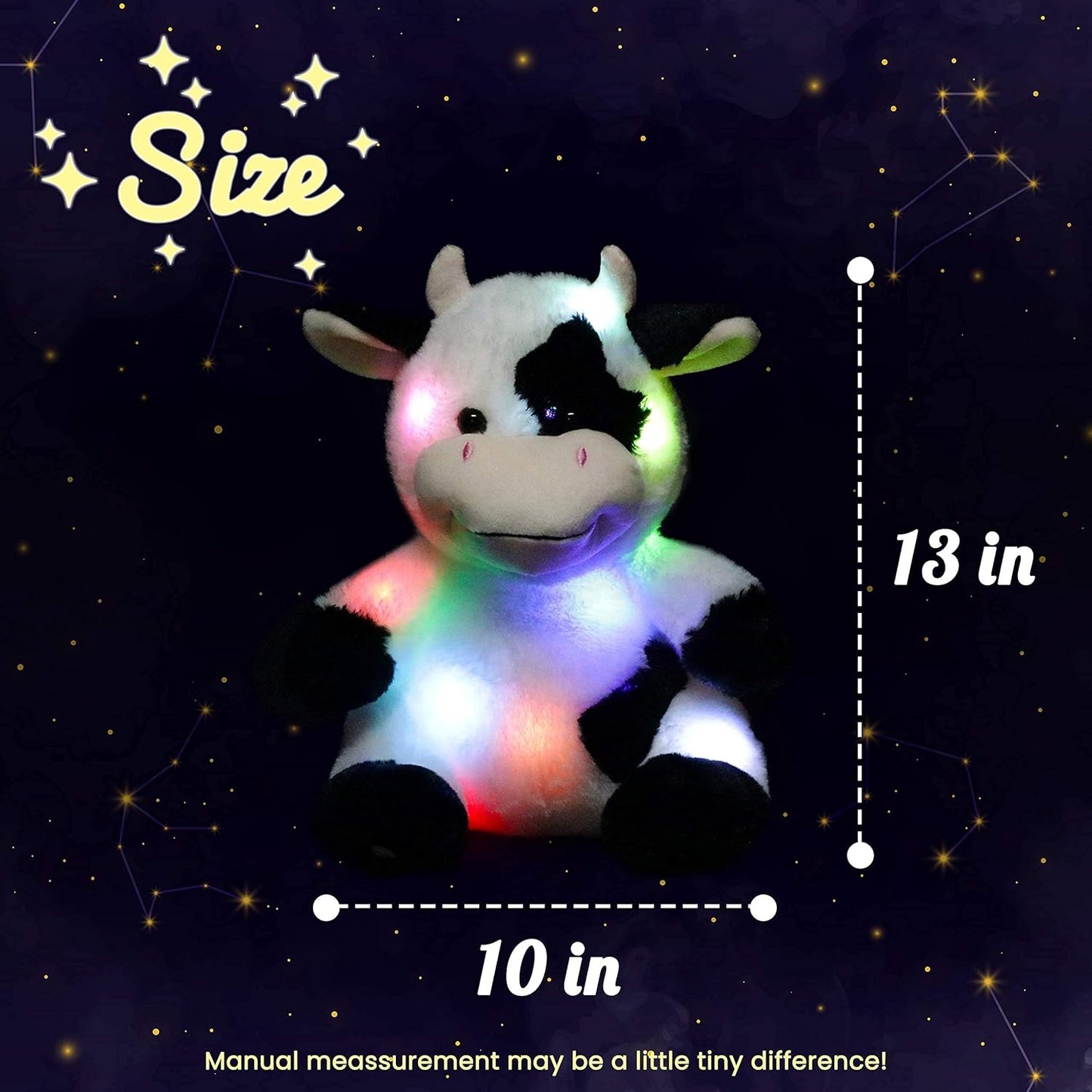 Hopearl LED Plush Cow Lighting Up Stuffed Animal Diary Cattle Floppy Night Lights Glow in The Dark Birthday Festival for Kids Toddler Girls, 13''