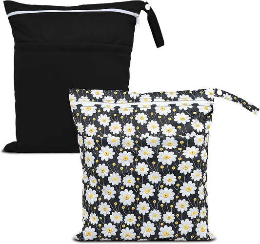 Wet Dry Bags 2 Pack,Waterproof Reusable Travel Bags for Swimsuits,Baby Cloth Diapers,Beach,Pool,Gym Bag & Wet Clothes with 2 Pockets -Daisy