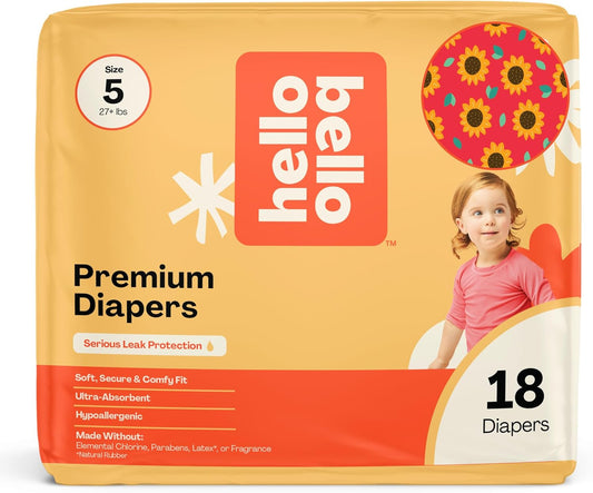 Hello Bello Diapers, Size 5 (27 lbs) Flower Child, 18 Count of Premium Disposable Baby Diapers, Hypoallergenic with Soft, Cloth-Like Feel
