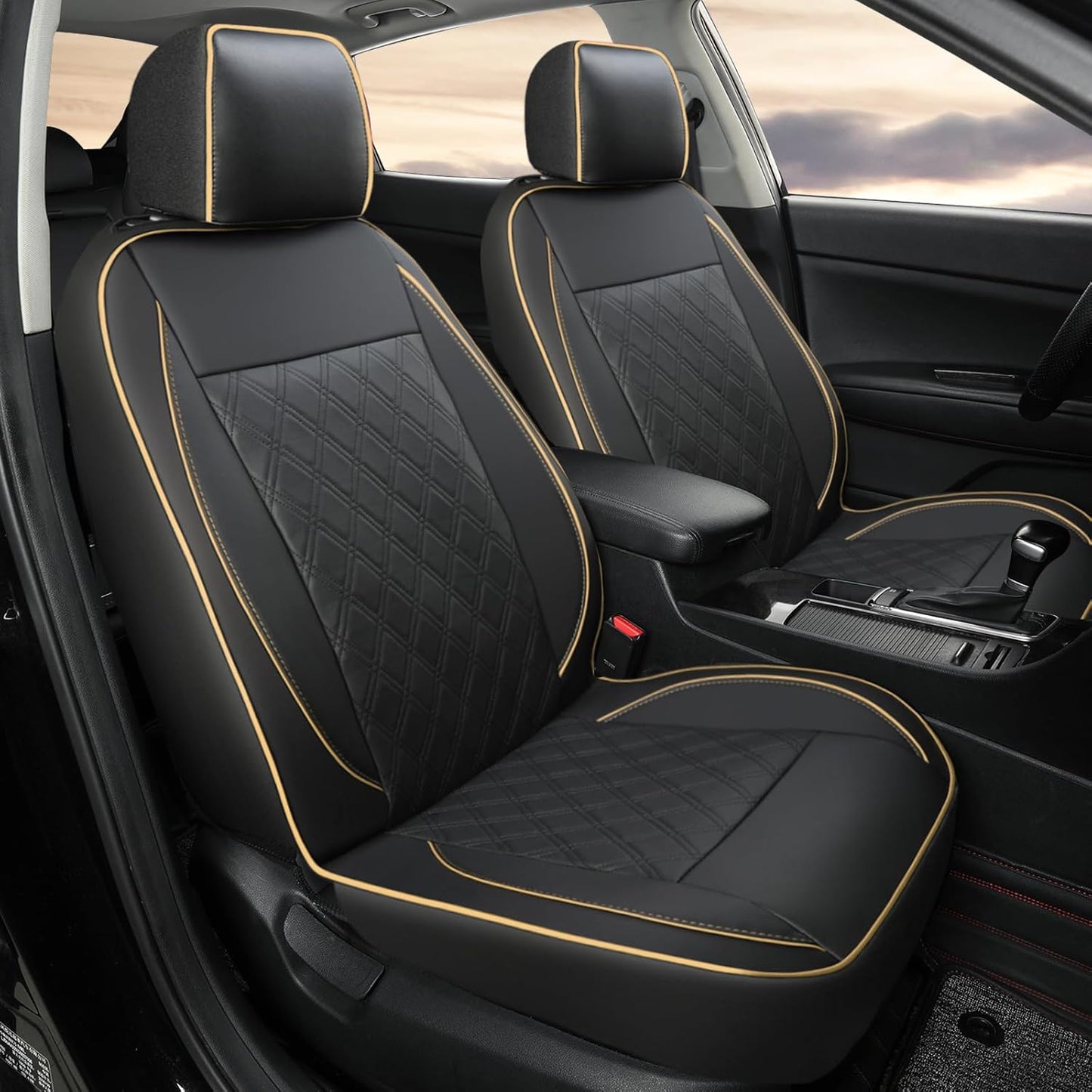 GIANT PANDA Front Car Seat Cover for Kia, Piping Leather Bucket Seat Protectors Waterproof, Custom Fit Kia Sorento Sportage Forte Telluride K5 Seltos Soul Optima Carnival (2 Pack Black+Beige Line)