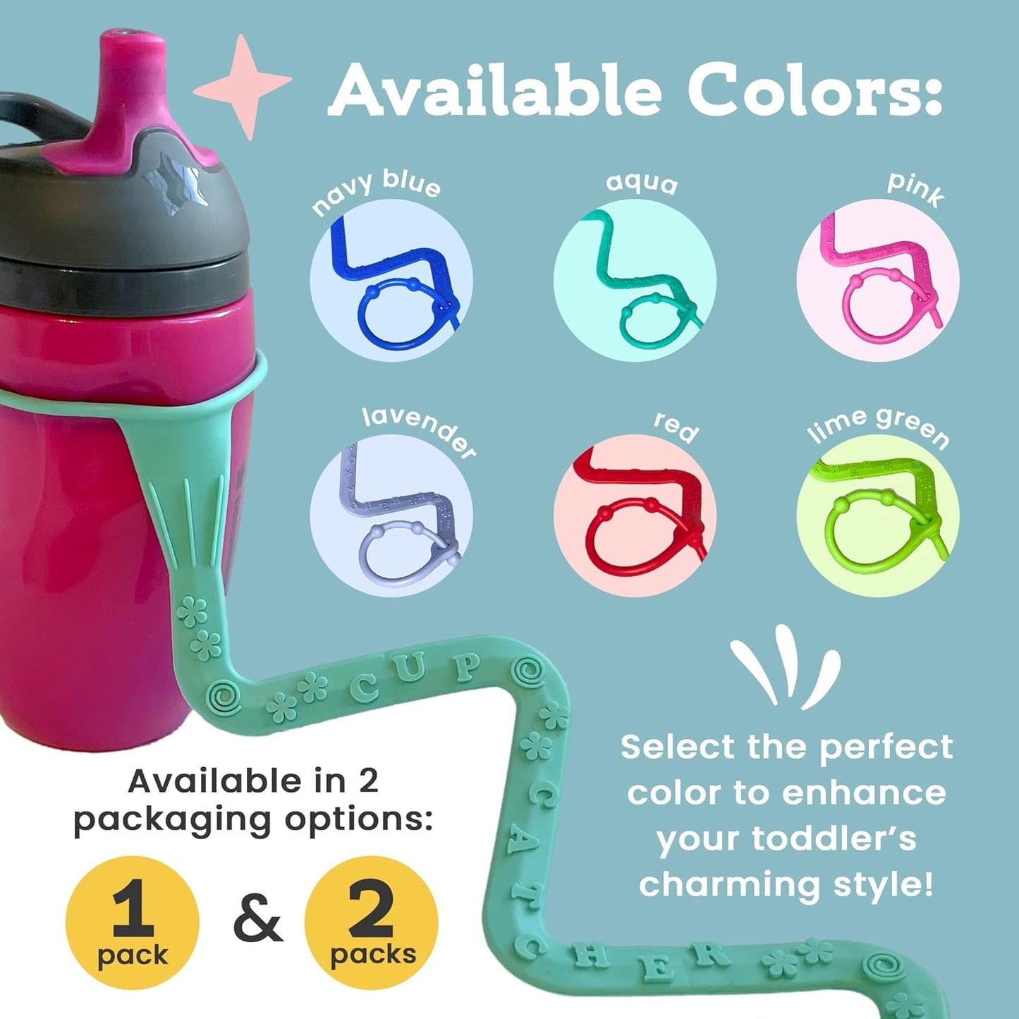 Brilli Baby Cup Catcher Patented Safety Tether Strap, Attach Sippy Cups, Bottles, Pacifiers & More to Stroller, High Chair, Car Seat, Made in USA, Food Grade, Dishwasher Safe (Pink & Pink)