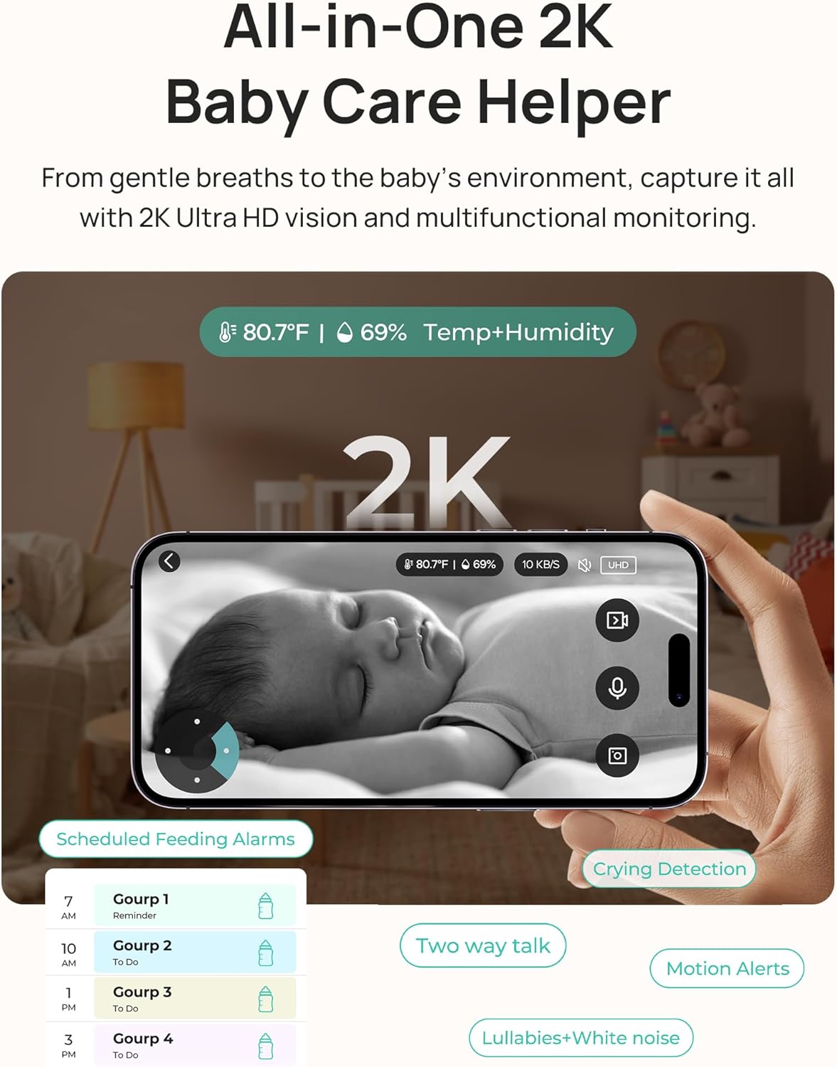 Dr.Care LumiView Plus Smart WiFi Baby Monitor - 5.5" 1080P Split Screen & 2K Camera, Privacy Mode, Cry & Motion Alerts, 5000mAh Removable Battery, RGB Night Light, HD Night Vision, App Control, 1279ft