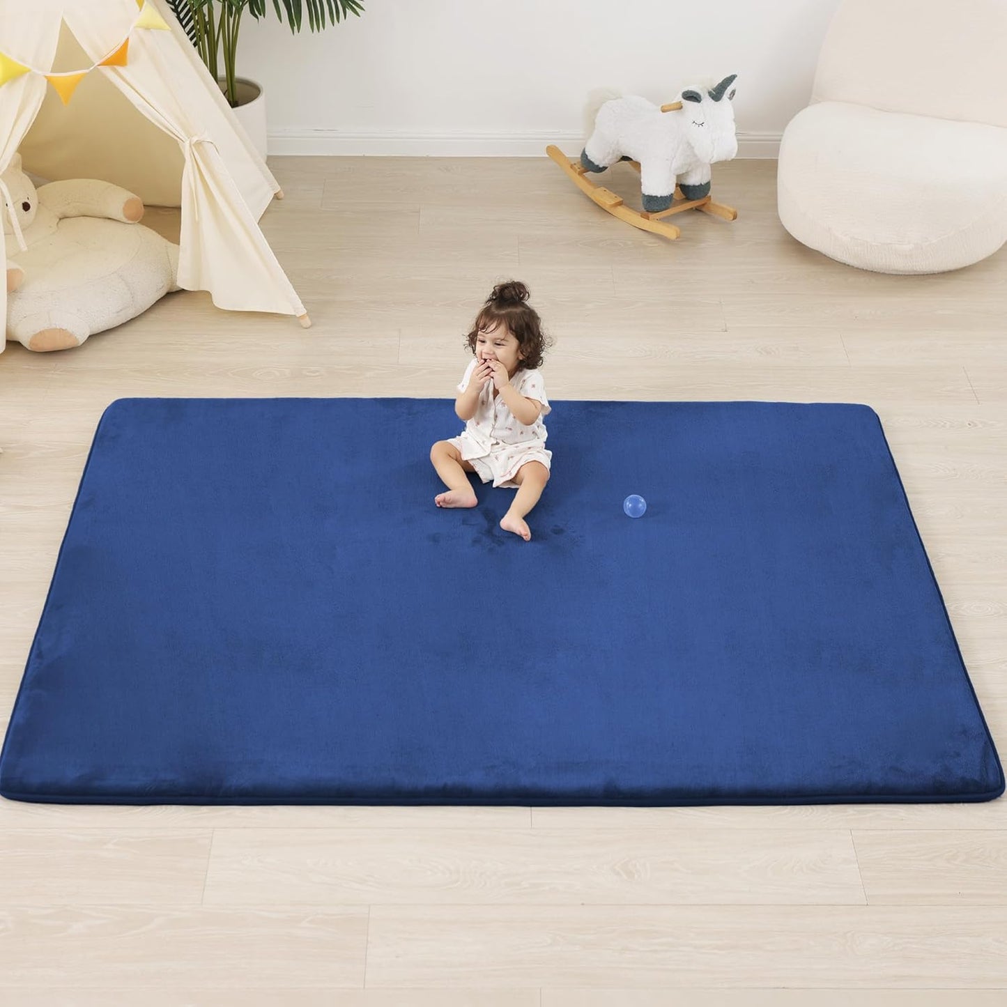 1.3" Thick Baby Floor Play Mat 71x79, Basic Padded Foam Mat for Tummy Time Crawling, Non Slip Cushioned for Babies Toddlers Infants Kids (Blue)