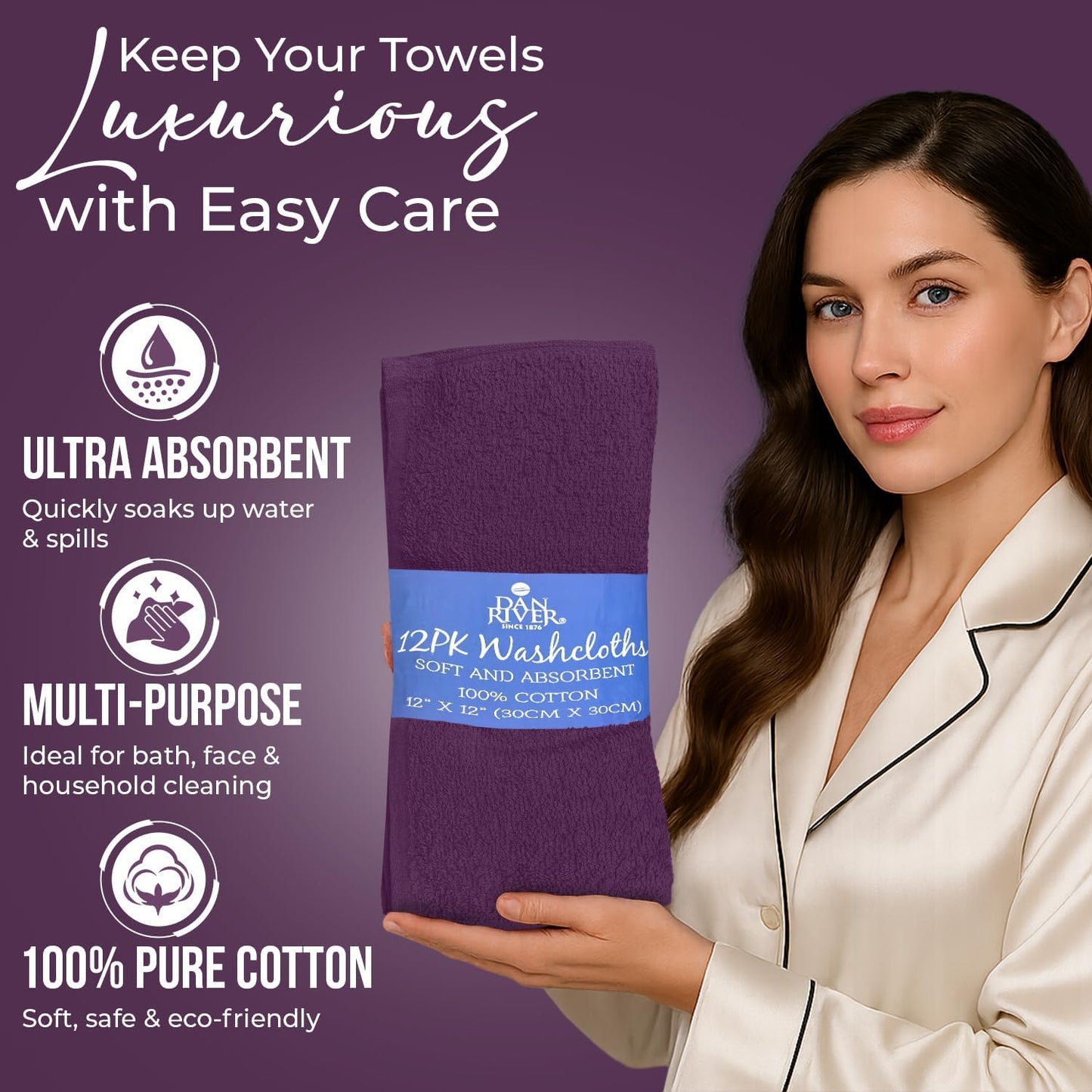 DAN RIVER 100% Cotton Wash Cloths 12 Pack [12x12] Soft & Absorbent wash rag, Gym, Hotels & Spa Perfect for Everyday Use Fingertip Towels, Purple Passion
