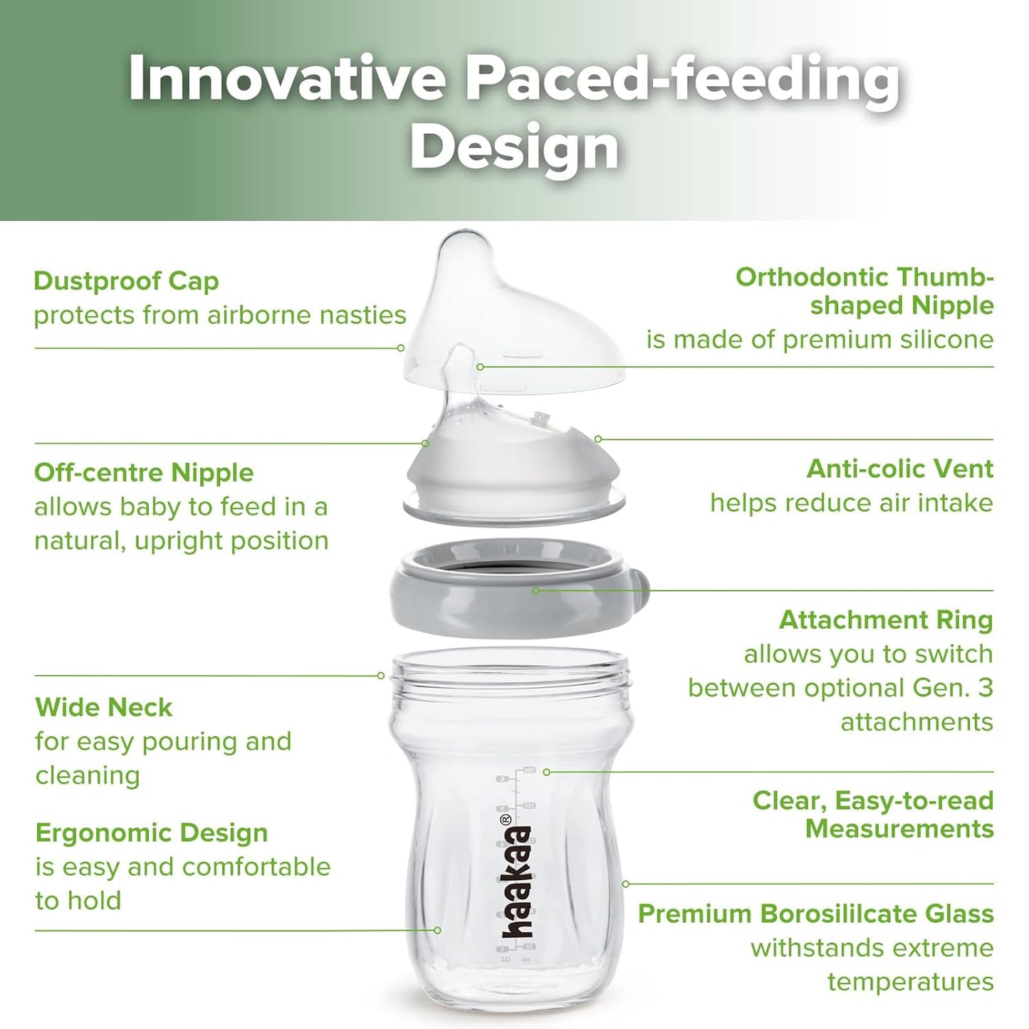 haakaa Gen.3 Natural Glass Baby Bottle 6.3 oz.180ml - Wide Neck, Anti-Colic Varibale Flow Nipple for 6m+ Breastfed Babies, Newborn Registry Essentials,BPA-Free -1 PK
