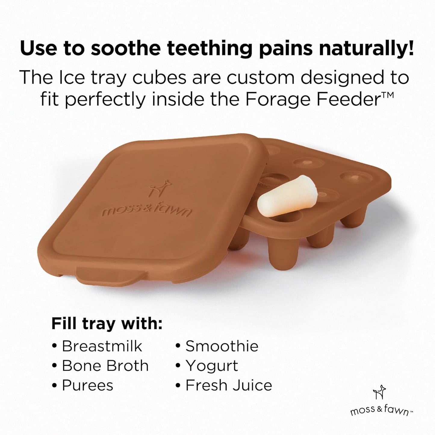 Moss and Fawn Little Explorer Kit - Silicone Frozen Breast Milk Popsicle Kit with Forage Feeder, Teething Popsicle Ice Cube Tray, & Gather & Roll Baby Feeding Bib - BPA, PVC, & Lead-Free - Foliage