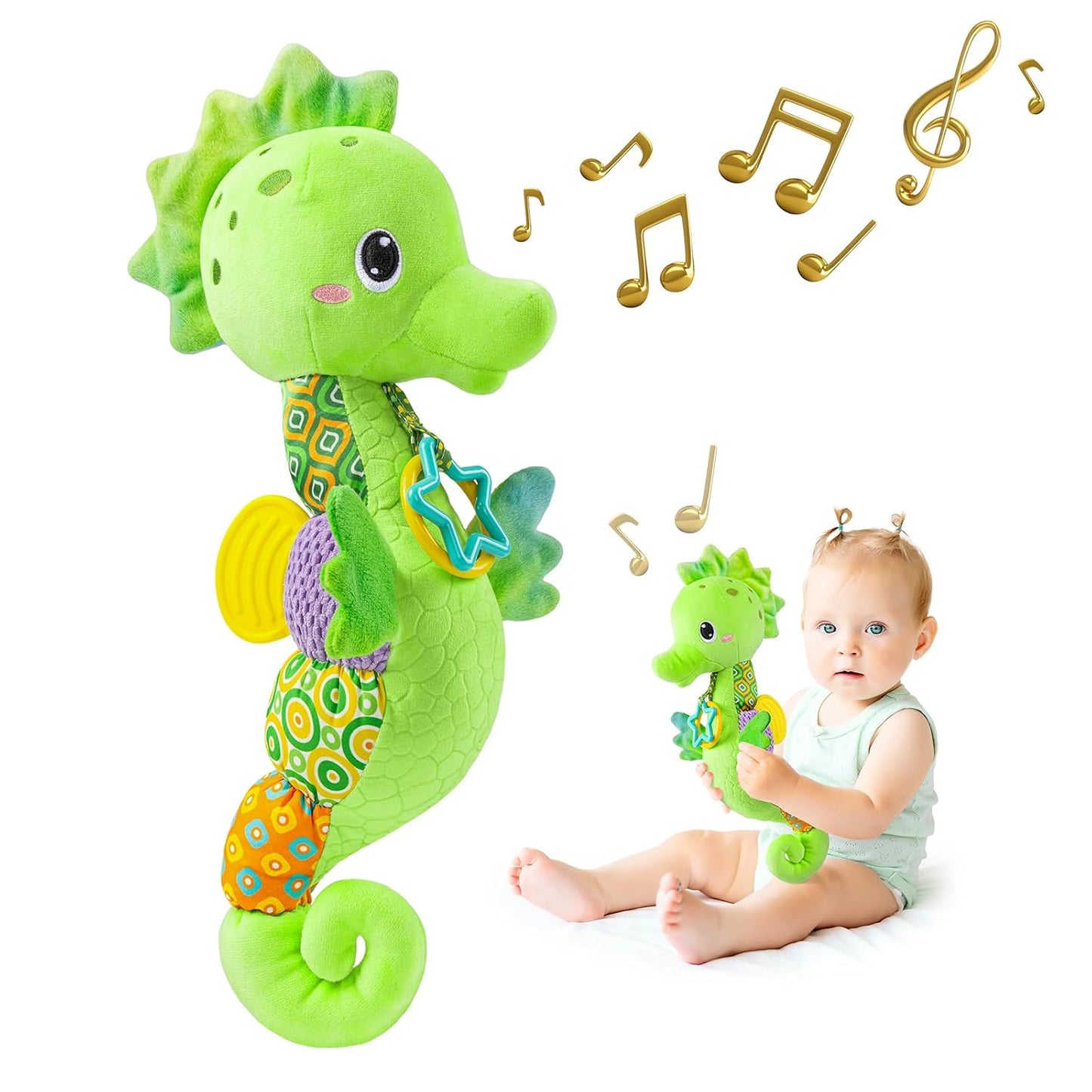 Sumobaby Infant Baby Musical Stuffed Animal Activity Soft Toys with Multi-Sensory Crinkle, Rattle and Textures, for Tummy Time Newborn 0-3-6-12 Months Boys, Girls, Seahorses, Green