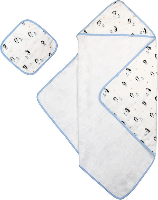 Bamboo Viscose Baby Hooded Towel & Washcloth Set for Babies and Toddlers, Soft & Absorbent, 70% Viscose from Bamboo, 30% Cotton Muslin - Imported (Penguin)