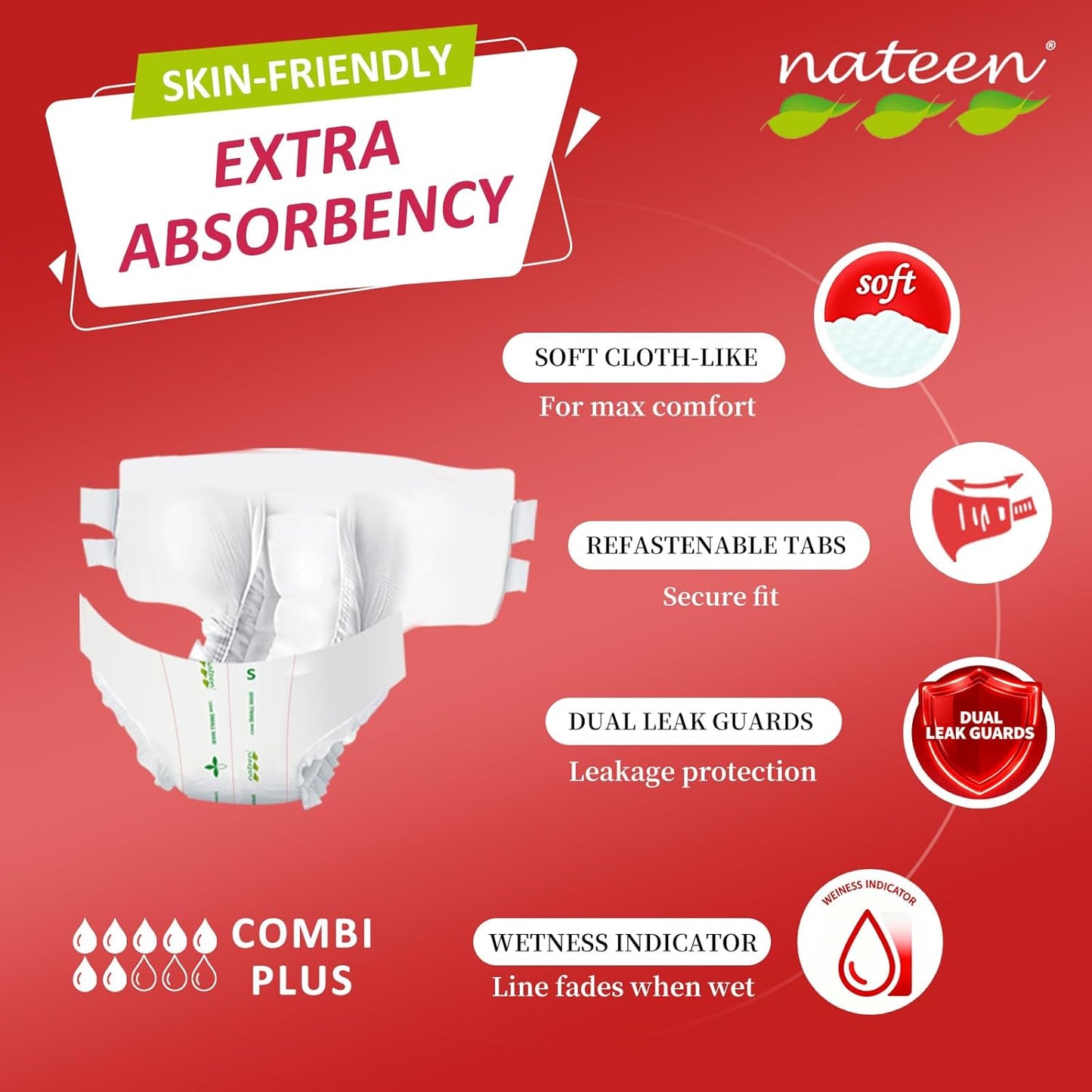 Nateen Combi Plus Adult Diapers with Tabs for Women and Men, Extra Absorbency Disposable Incontinence Briefs, Leakproof and Skin-Friendly Incontinence Underwear.Medium, 10Count